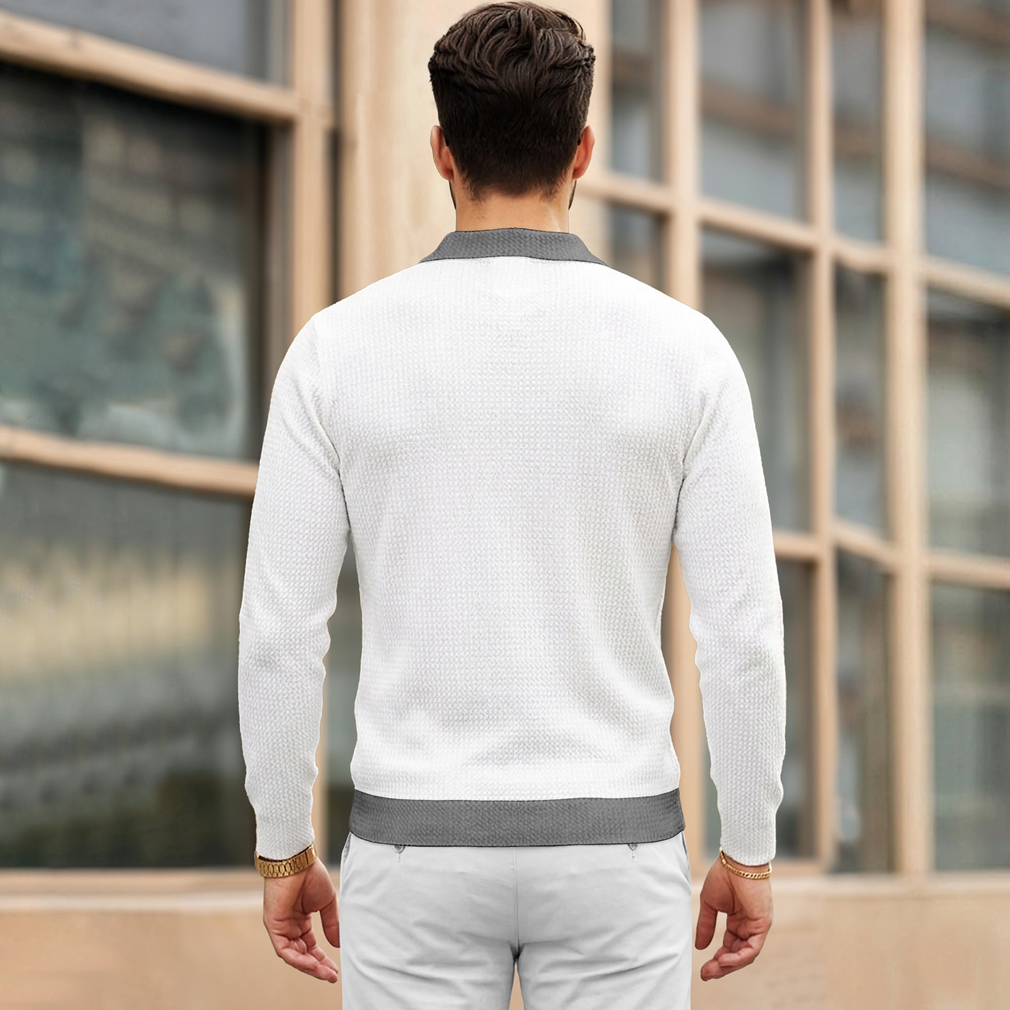 Color Blaocked Quarter Zip Polo Neck Vertical Striped Full Sleeve T-shirt White & Darkgrey