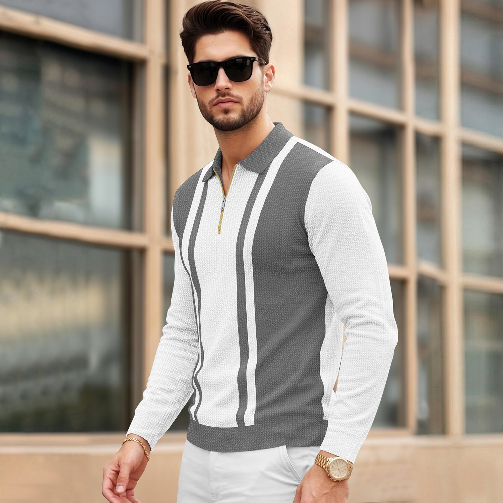 Color Blaocked Quarter Zip Polo Neck Vertical Striped Full Sleeve T-shirt White & Darkgrey