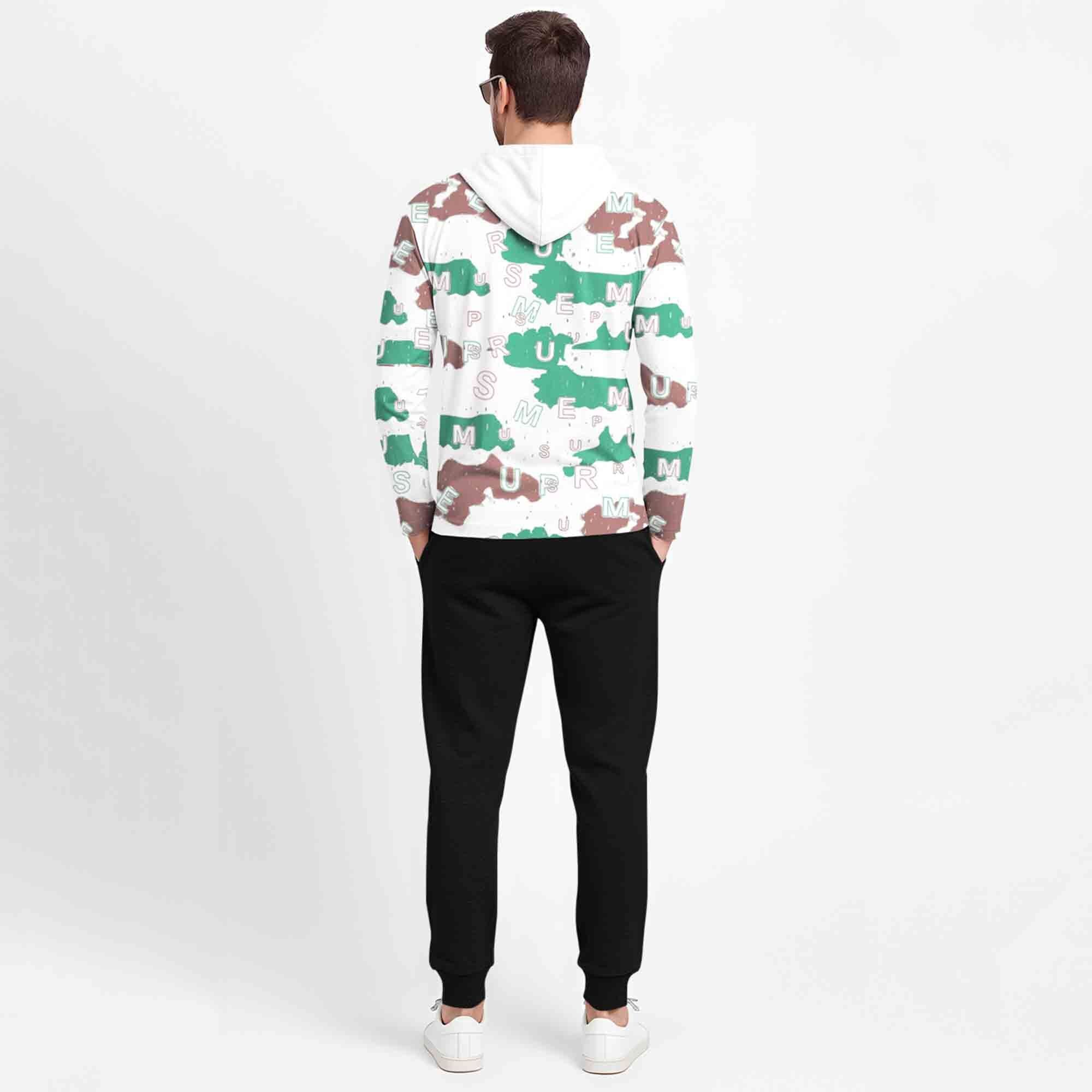 Outfit Set Full Sleeve White Hooded Printed T-shirt Matching Plain Black Trackpant