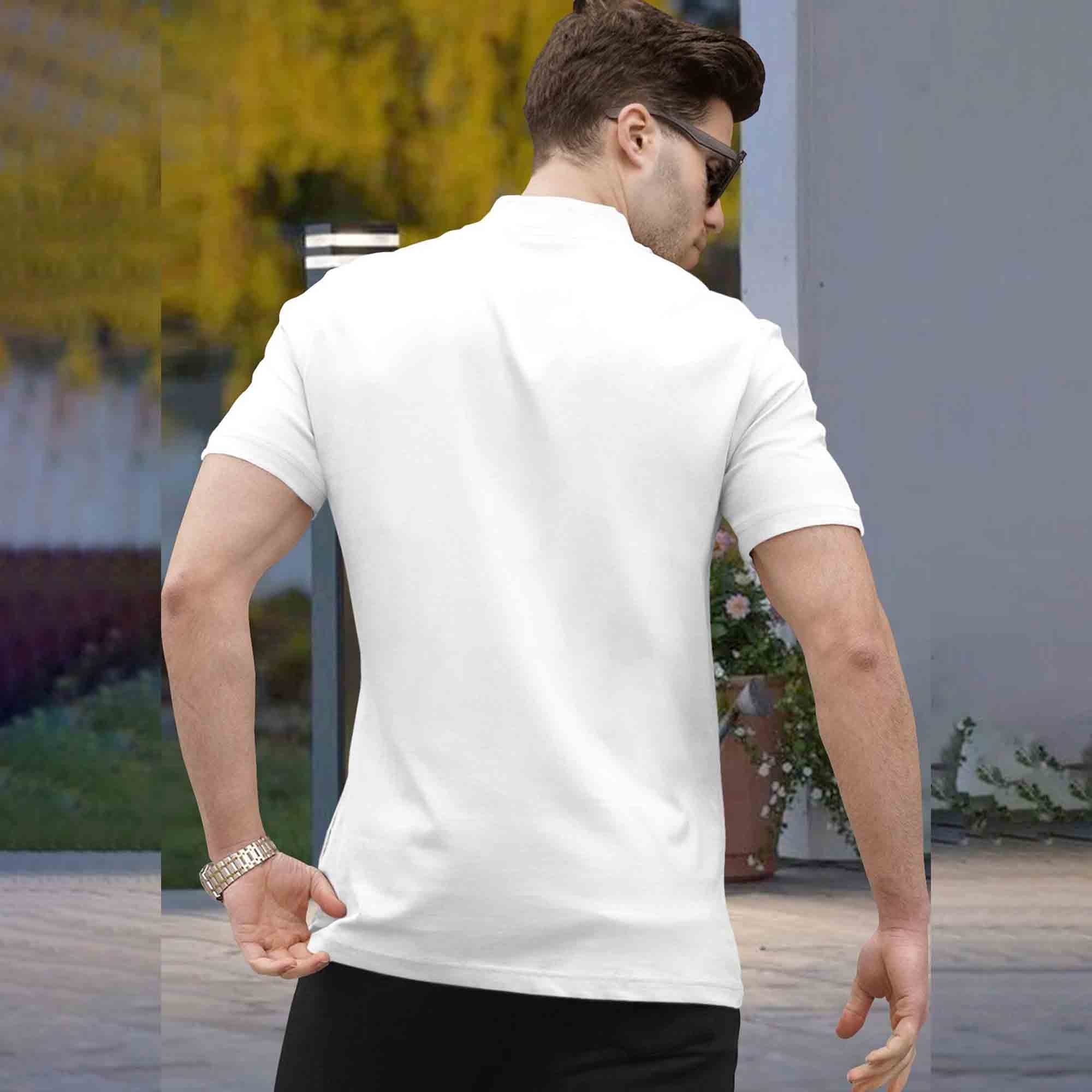 Men White Half Sleeve High Neck Quarter Zip T-Shirt