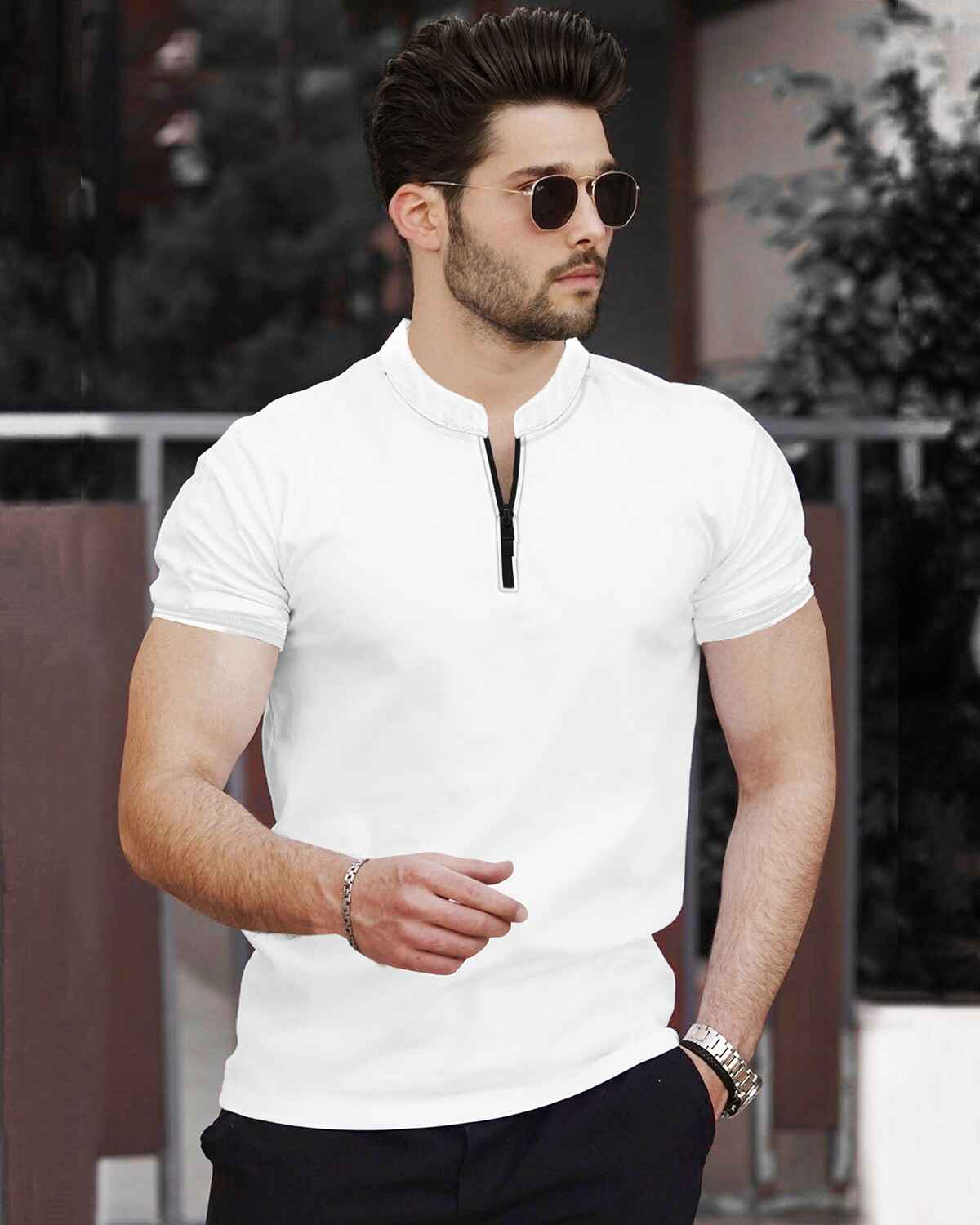 Half Sleeve Henley Neck Zip Type Plain White T-shirt