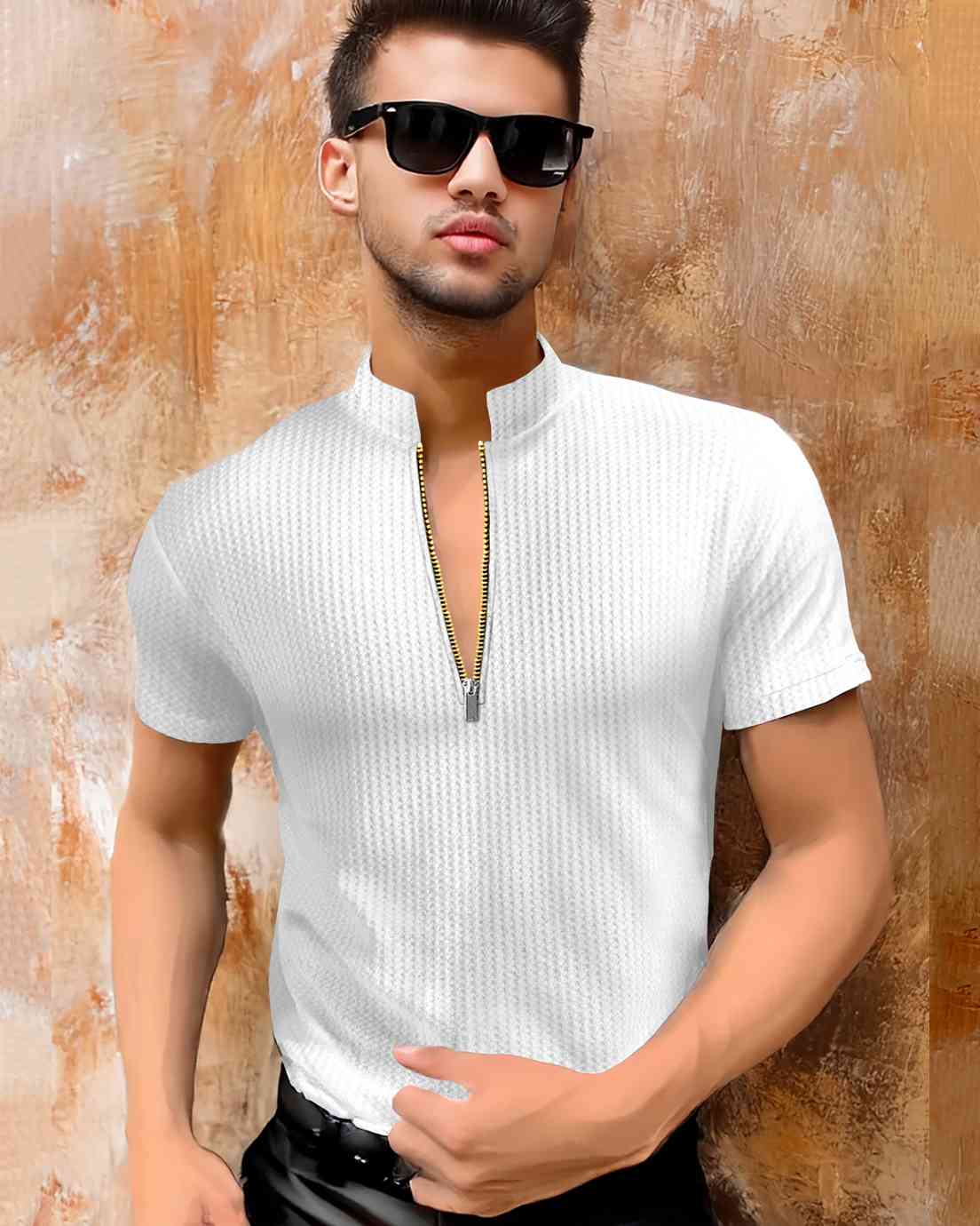 Men Half Sleeve Solid Henley Neck White Cotton Blend T-Shirt