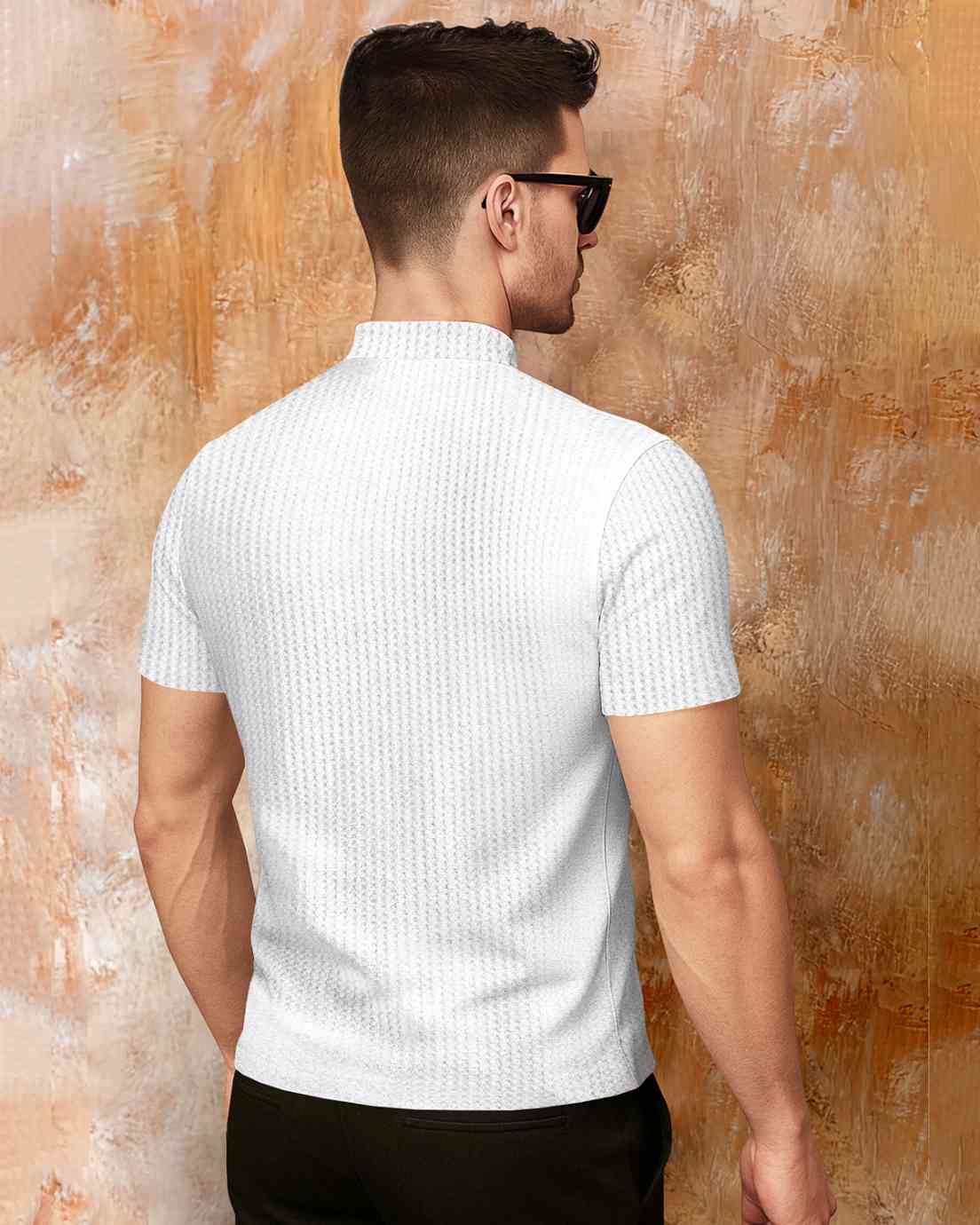 Men Half Sleeve Solid Henley Neck White Cotton Blend T-Shirt