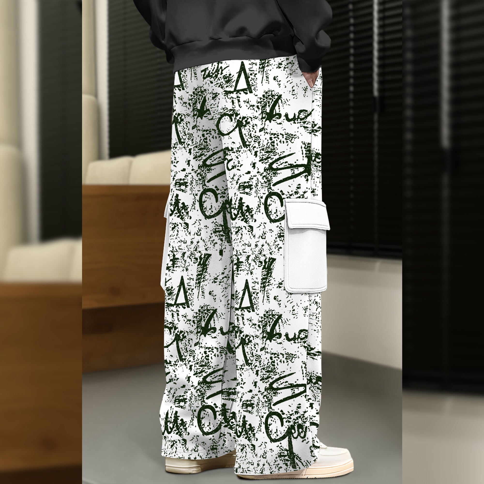 Men All Over Printed Multi Pockets White Cargo Jogger
