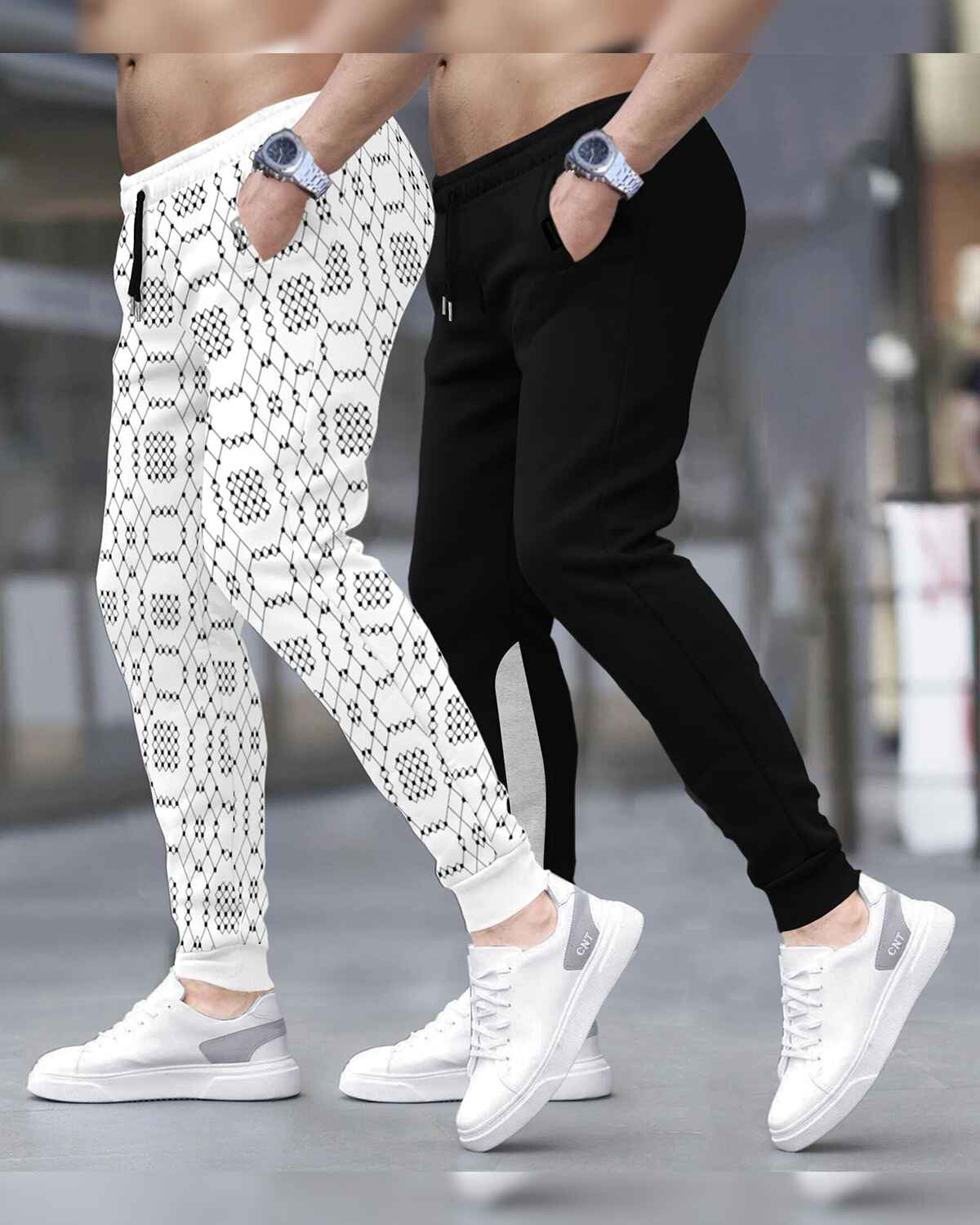 (Pack Of 2) Men All Over Printed White & Black Trackpants