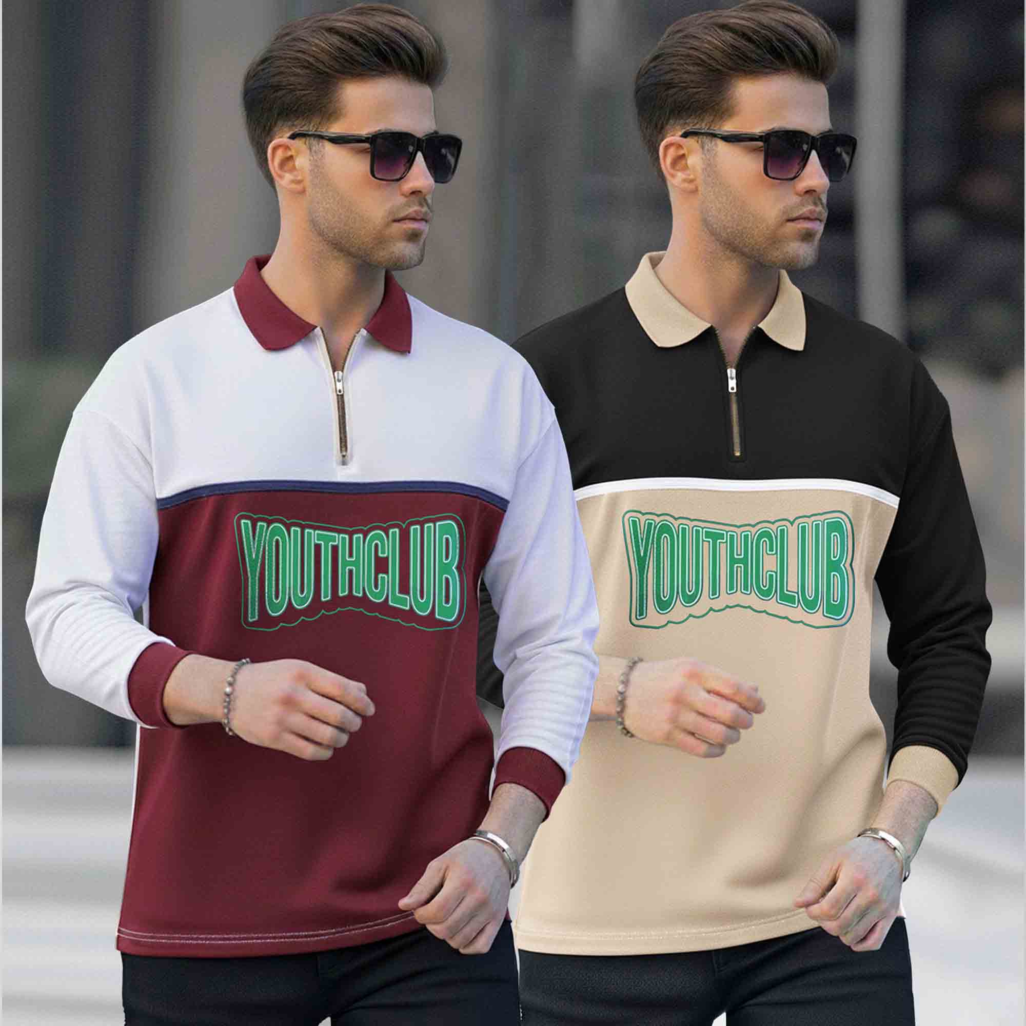 (Pack Of 2) Quarter Zip Polo Neck Vertical Striped Full Sleeve Combo Tshirts - 6 Variants