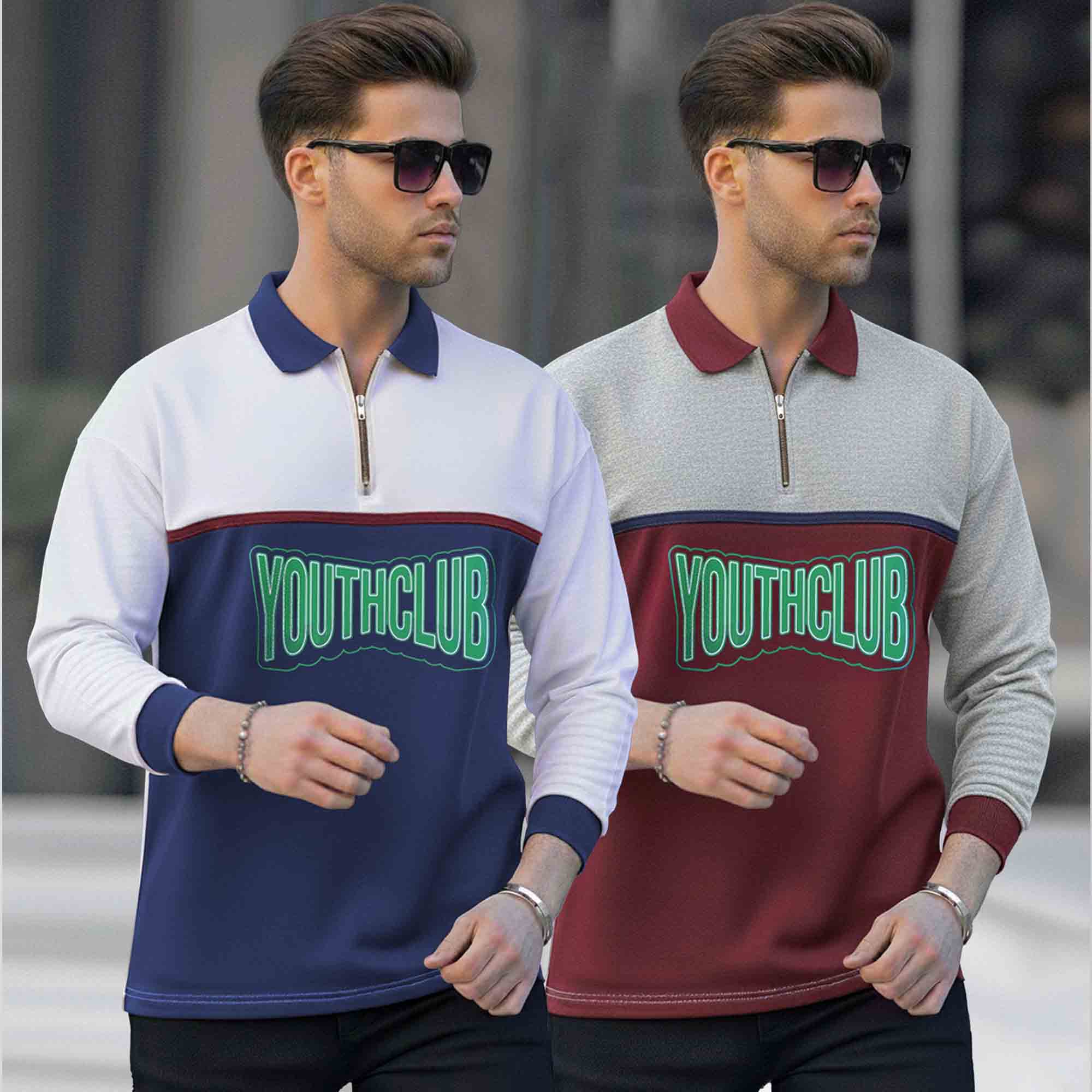 (Pack Of 2) Quarter Zip Polo Neck Vertical Striped Full Sleeve Combo Tshirts - 6 Variants