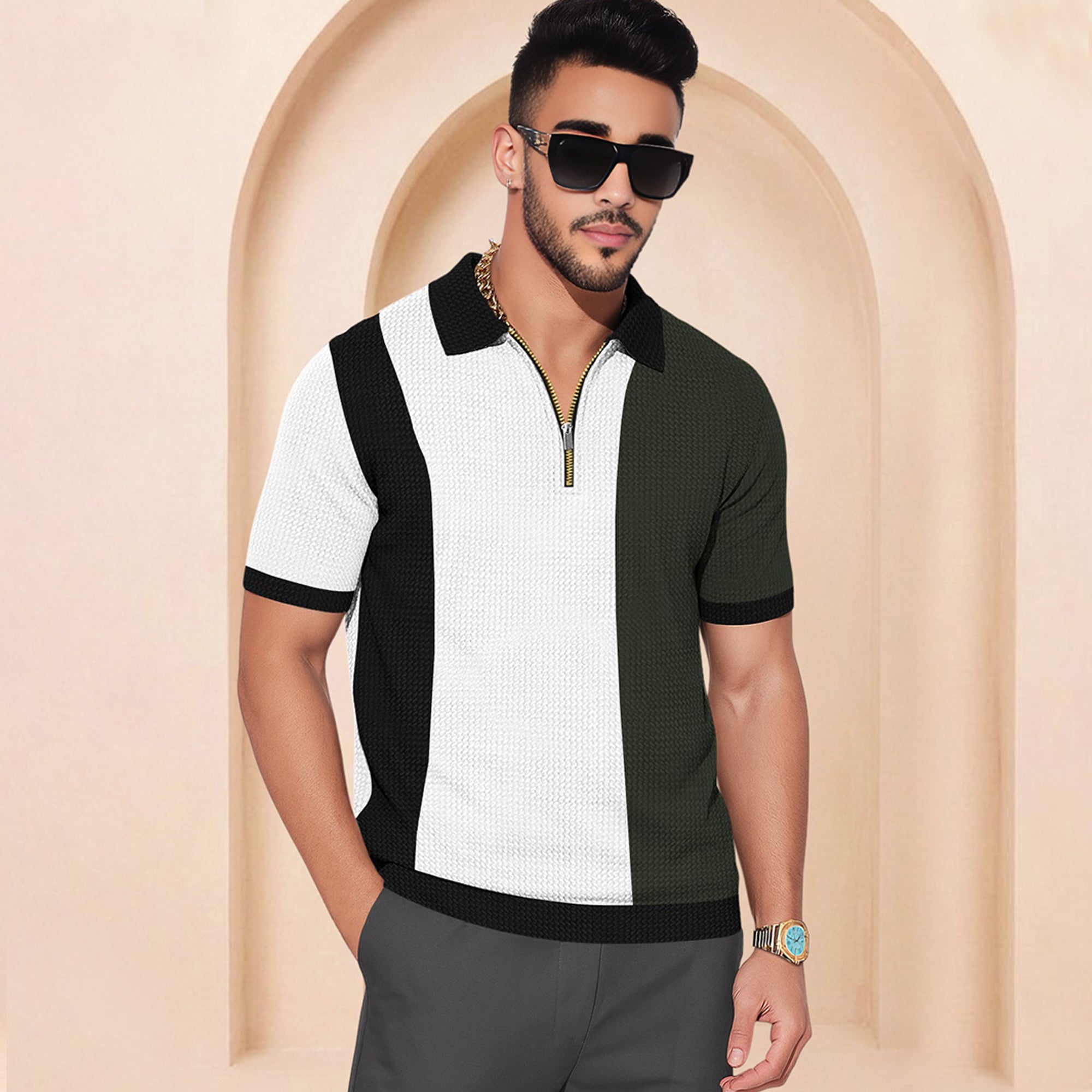 Men Quarter Zip Polo Neck Printed T-shirts