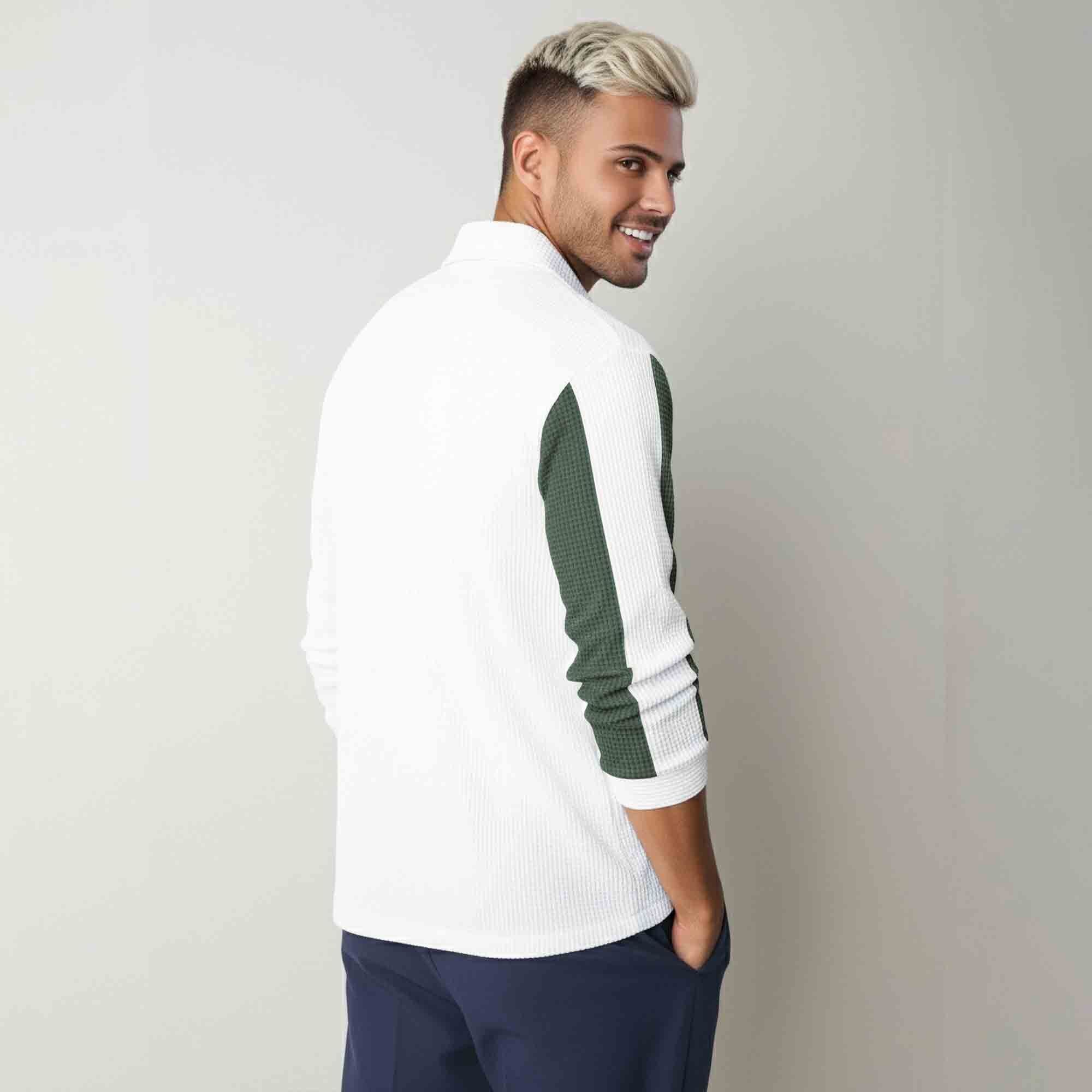 Mens Regular Fit Striped Casual Zipper Shirt White & Olivegreen