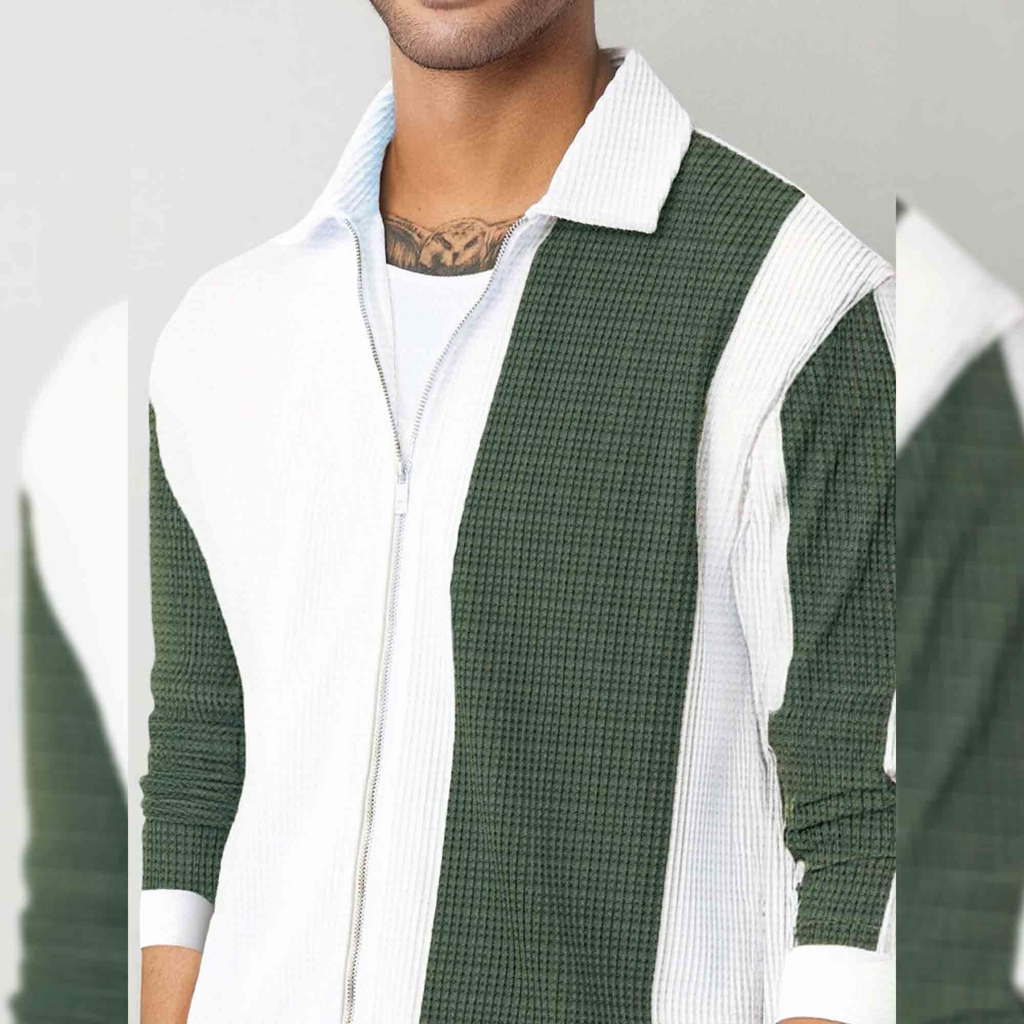 Mens Regular Fit Striped Casual Zipper Shirt White & Olivegreen