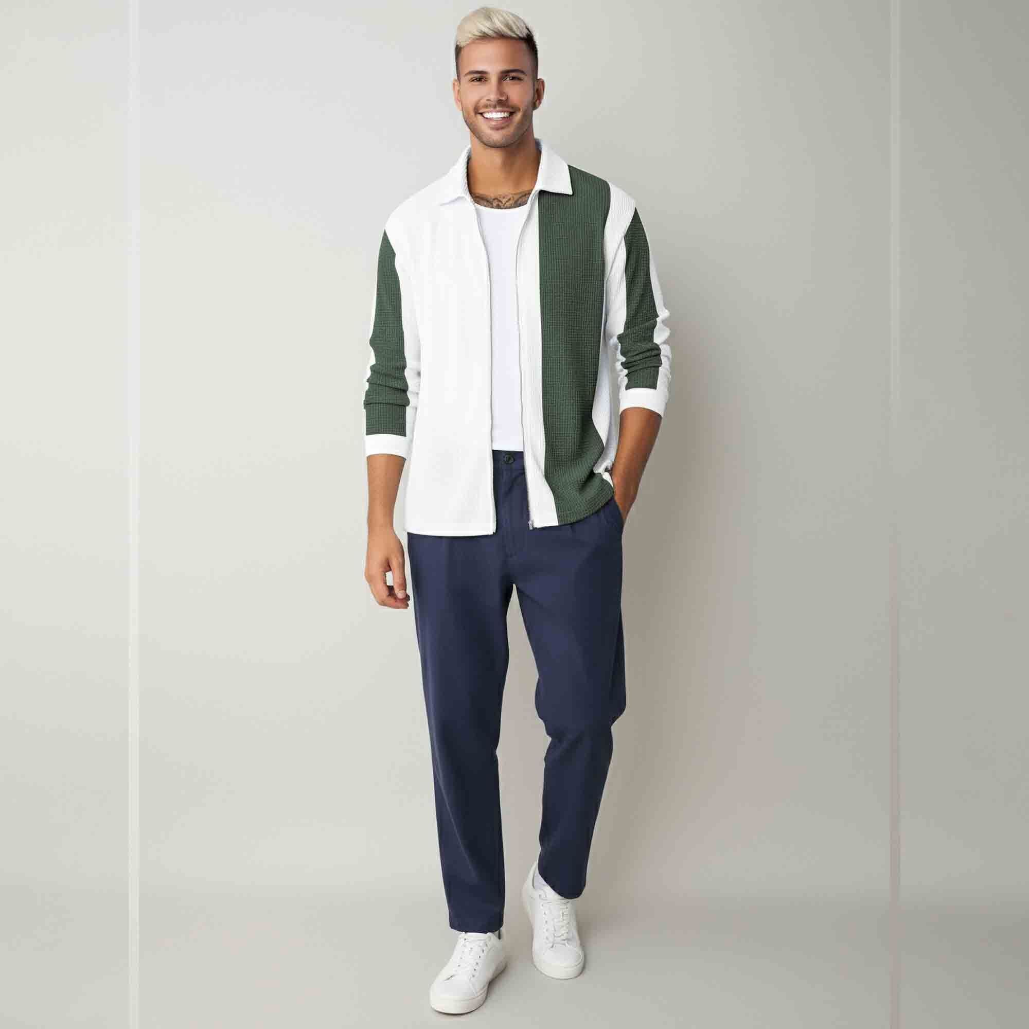 Mens Regular Fit Striped Casual Zipper Shirt White & Olivegreen