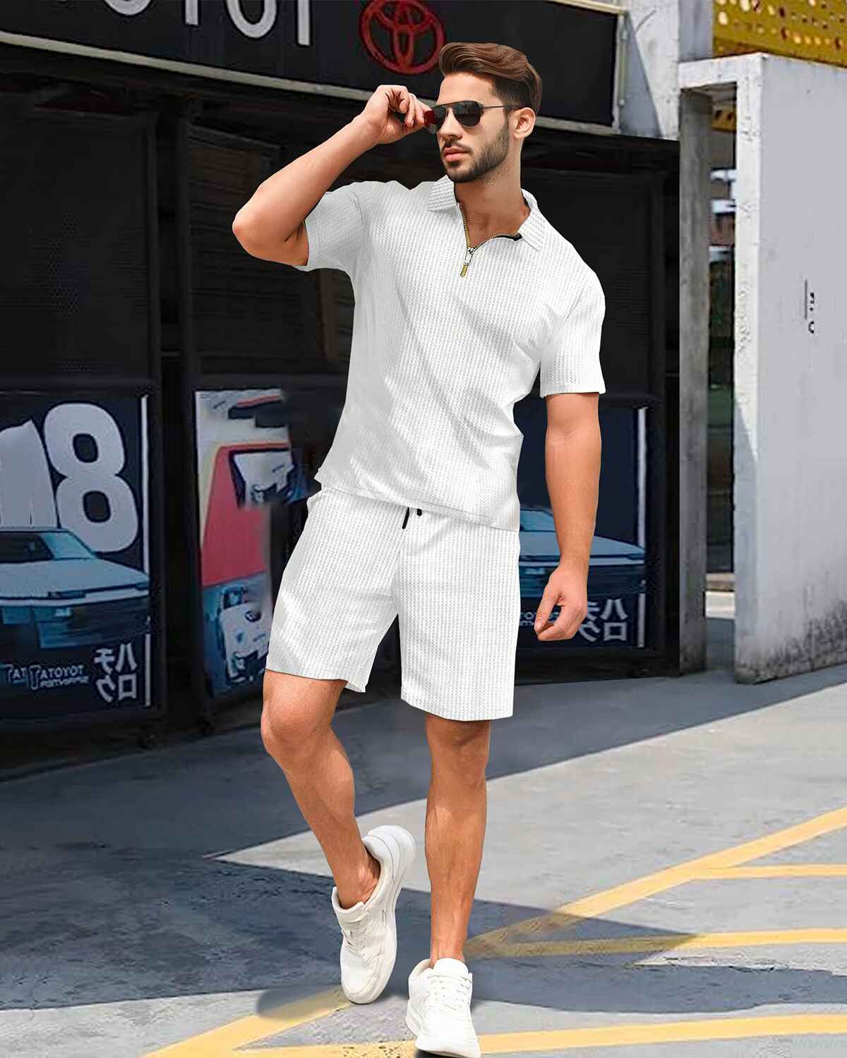 Tracksuit For Men Waffle Polo T-shirt Plain White with Plain Waffle White Shorts