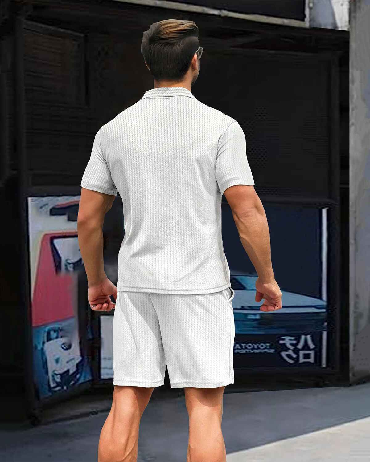 Tracksuit For Men Waffle Polo T-shirt Plain White with Plain Waffle White Shorts