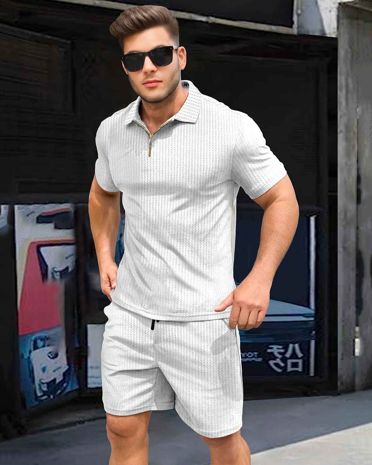 Tracksuit For Men Waffle Polo T-shirt Plain White with Plain Waffle White Shorts