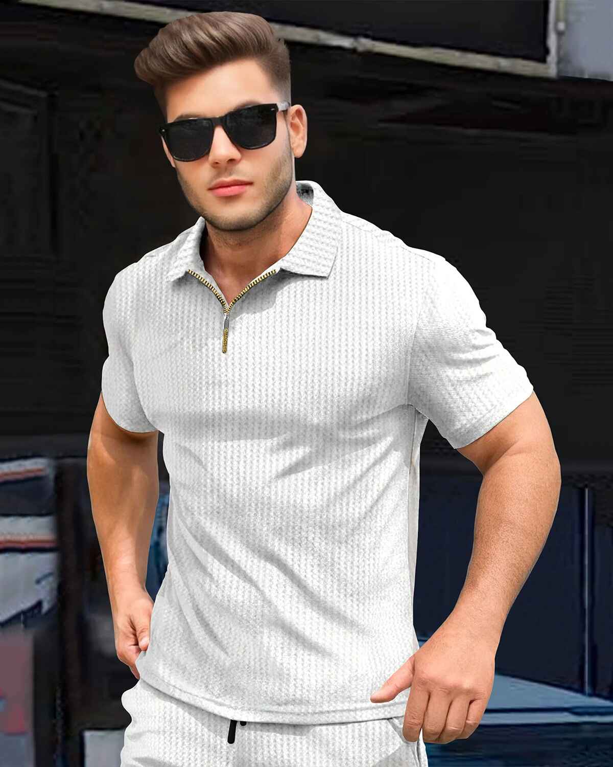 Tracksuit For Men Waffle Polo T-shirt Plain White with Plain Waffle White Shorts