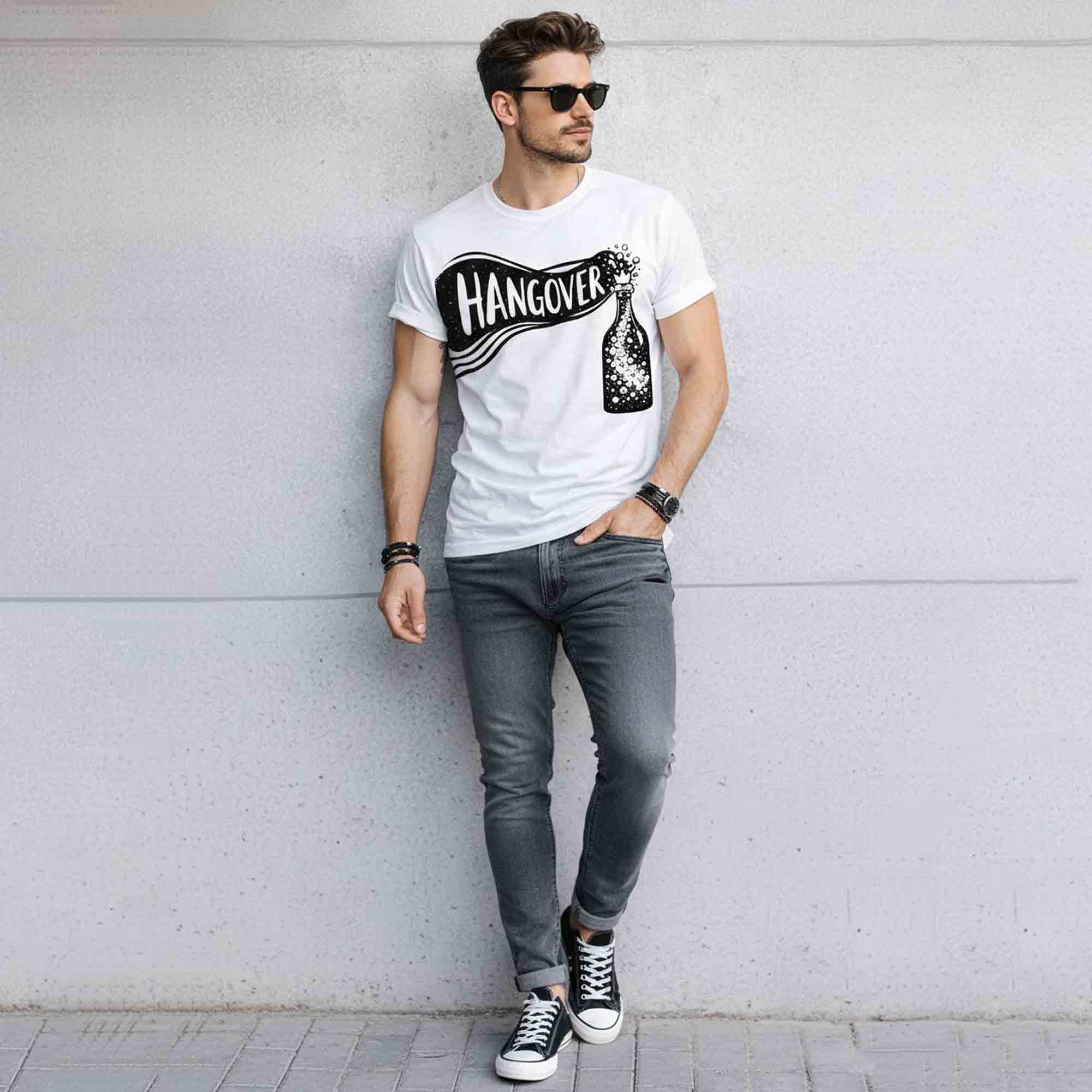 Mens Half Round Neck HANGOVER Printed Tshirt White