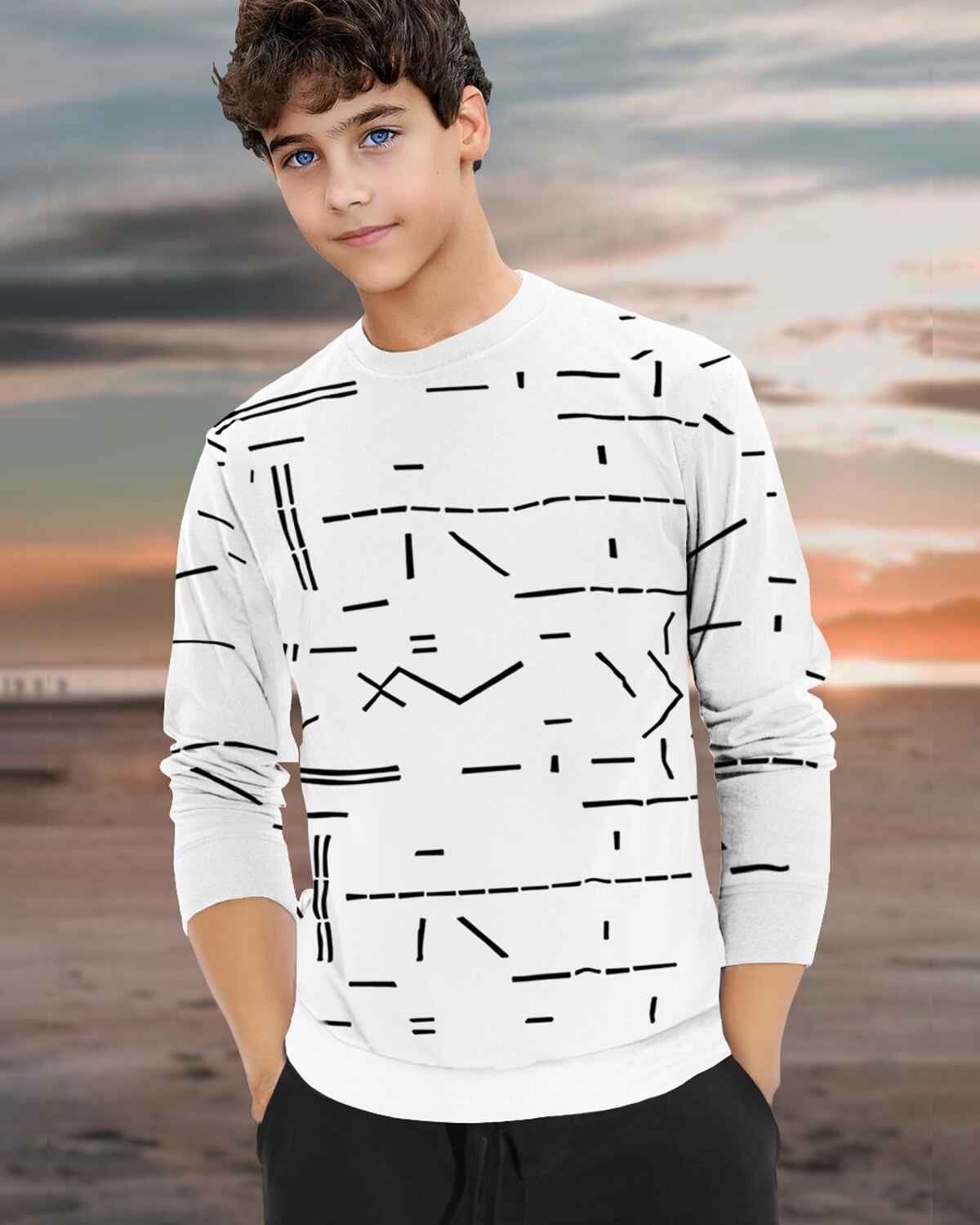 Boys Full Sleeve White Printed T-shirt