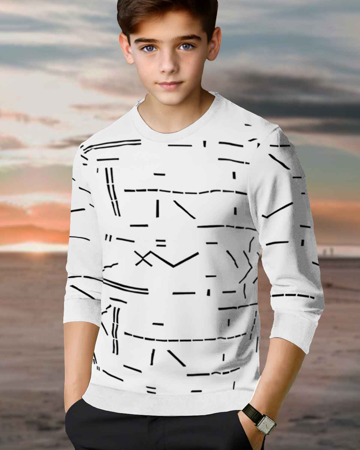 Boys Full Sleeve White Printed T-shirt