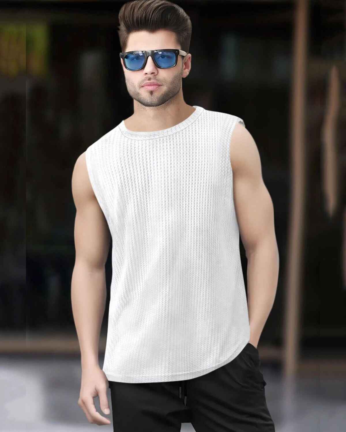 Men Casual Round Neck Plain White Waffle Vest