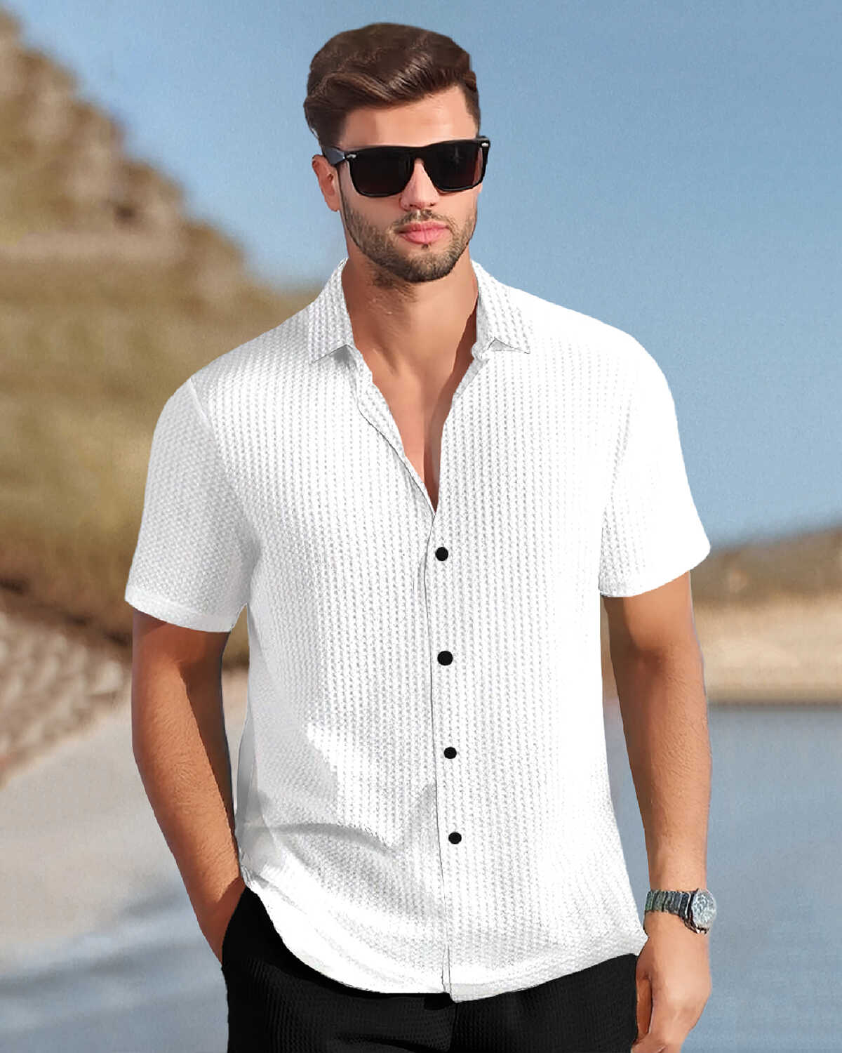Men Textured Half Sleeve Plain White Waffle Shirt