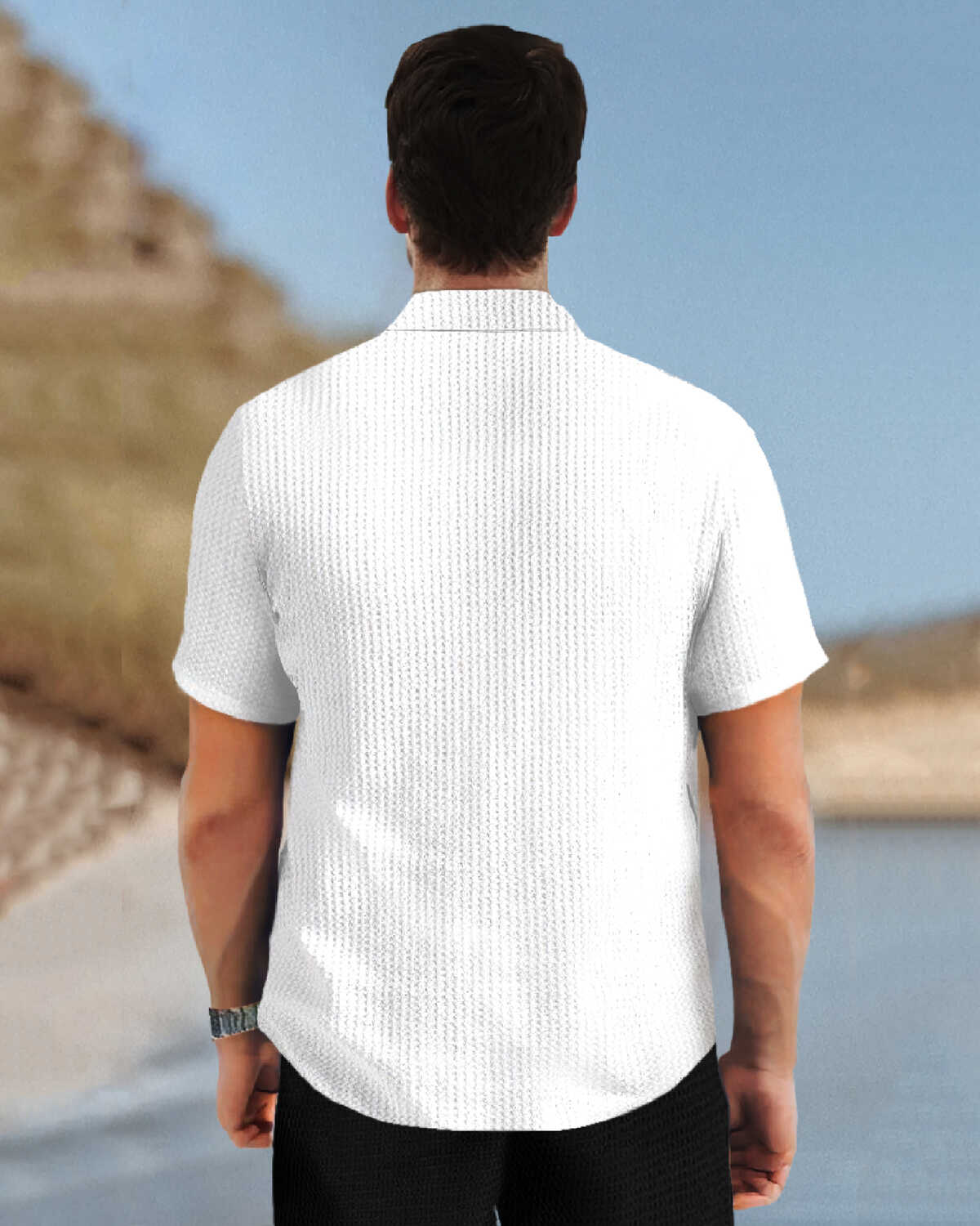 Men Textured Half Sleeve Plain White Waffle Shirt