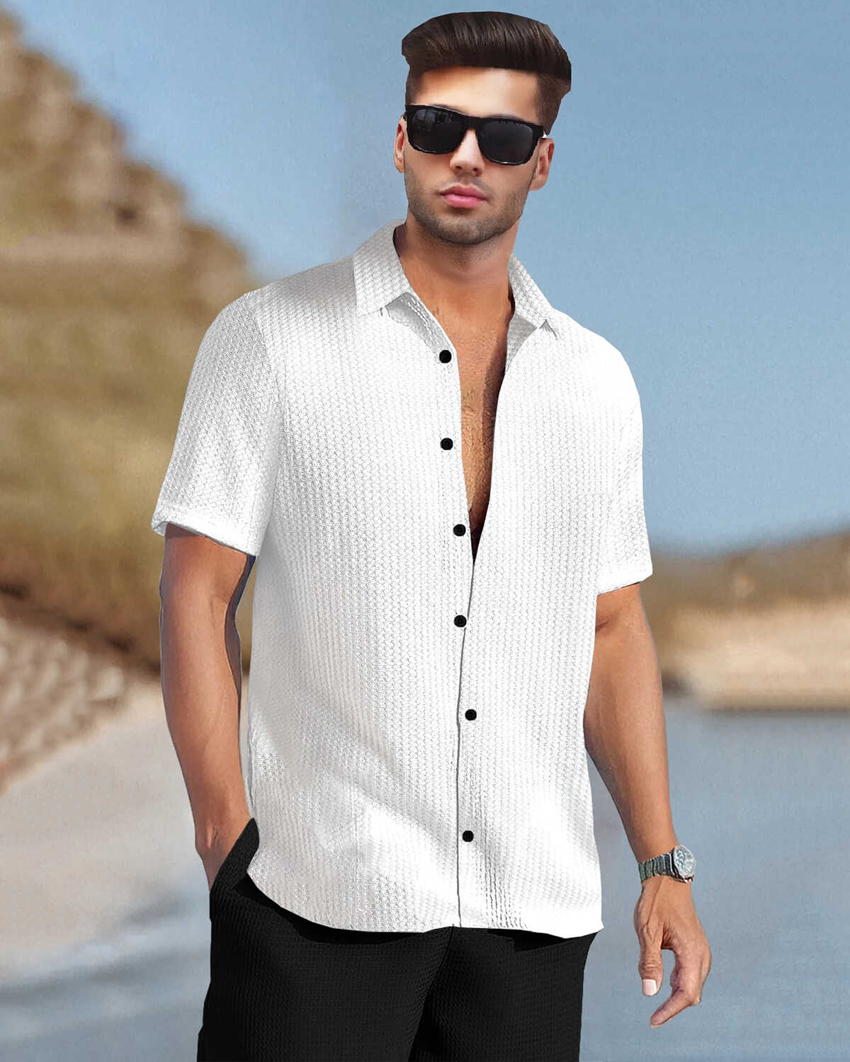 Men Textured Half Sleeve Plain White Waffle Shirt