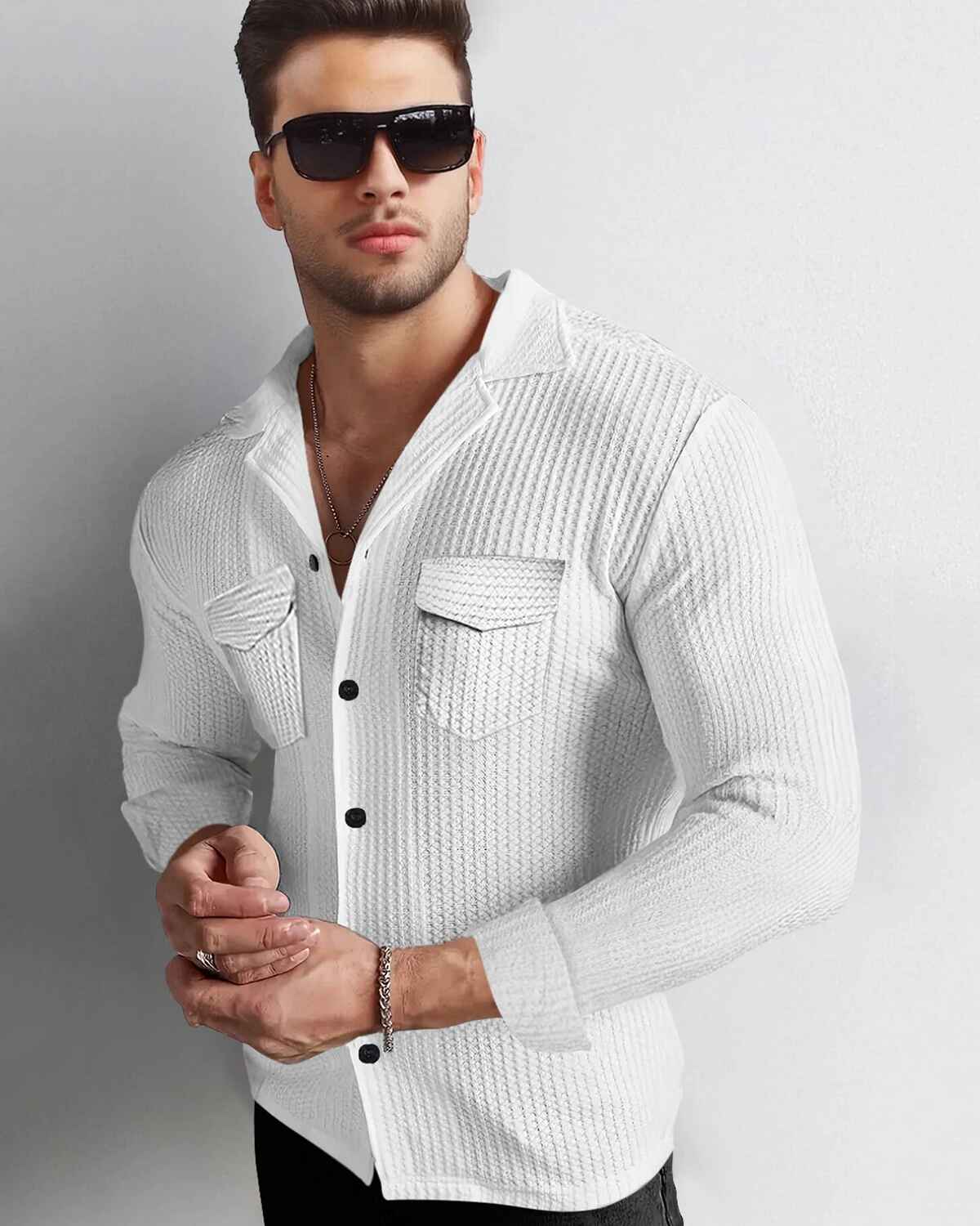 Men Full Sleeve White Double Pocket Waffle Textured Shirt