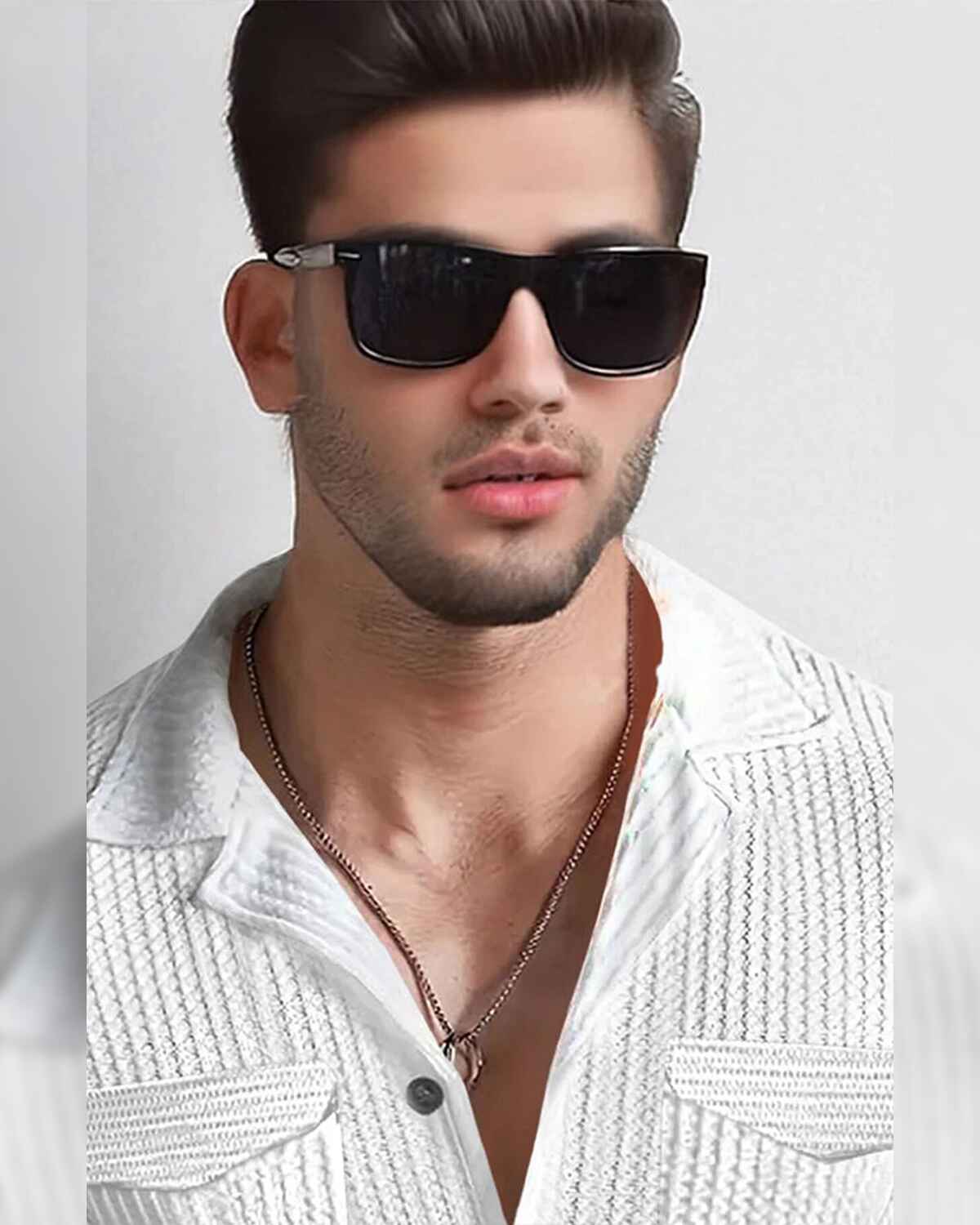 Men Full Sleeve White Double Pocket Waffle Textured Shirt