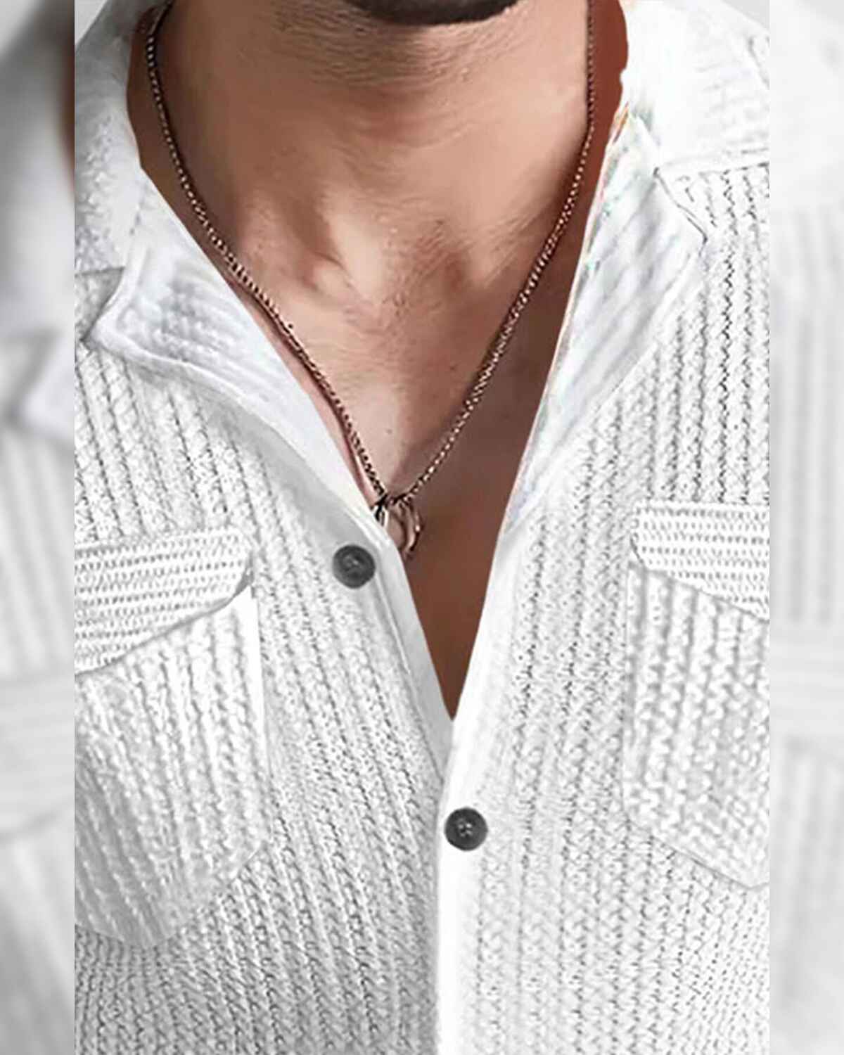 Men Full Sleeve White Double Pocket Waffle Textured Shirt