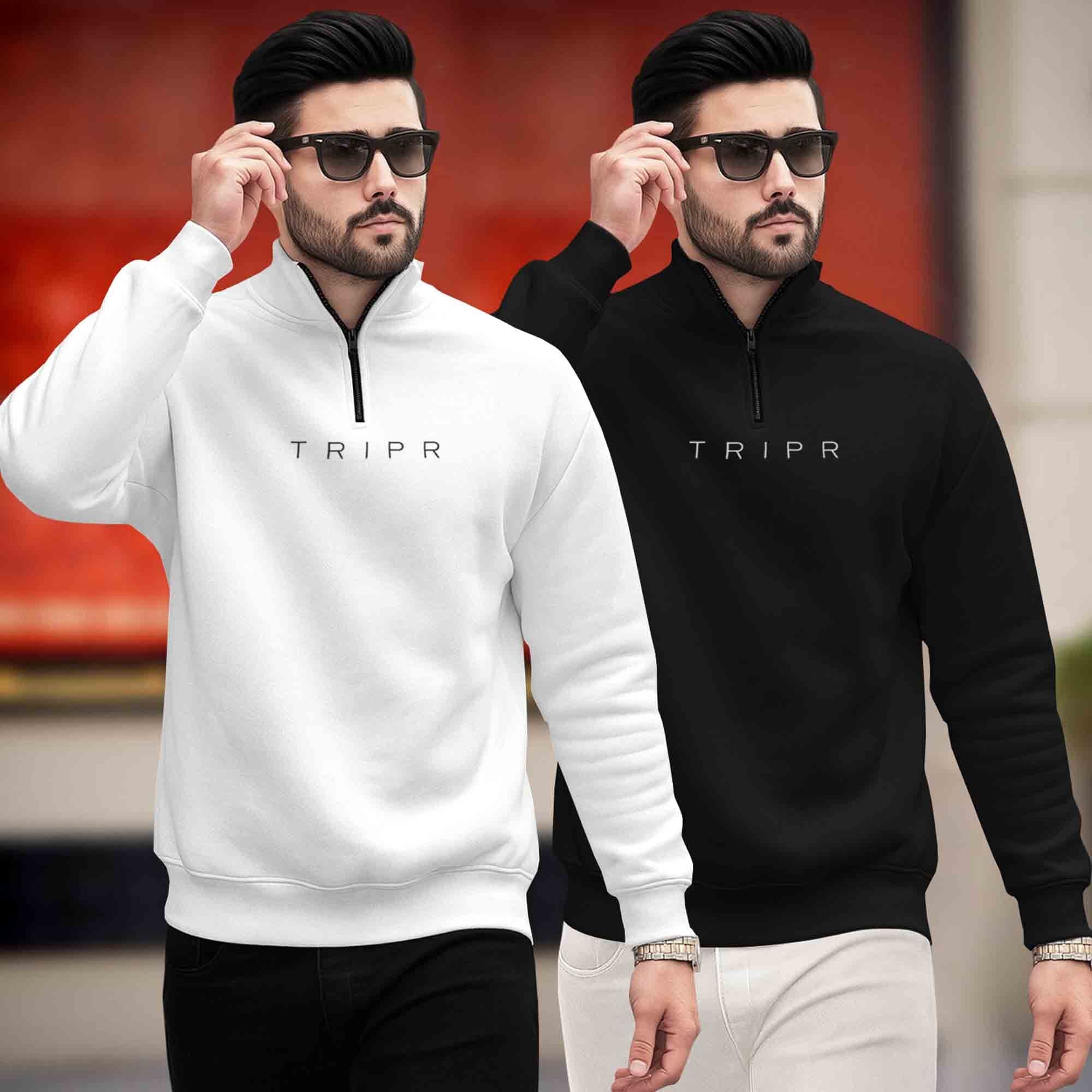 (Pack of 2) Mens Plain High Neck Sweatshirts White & Black
