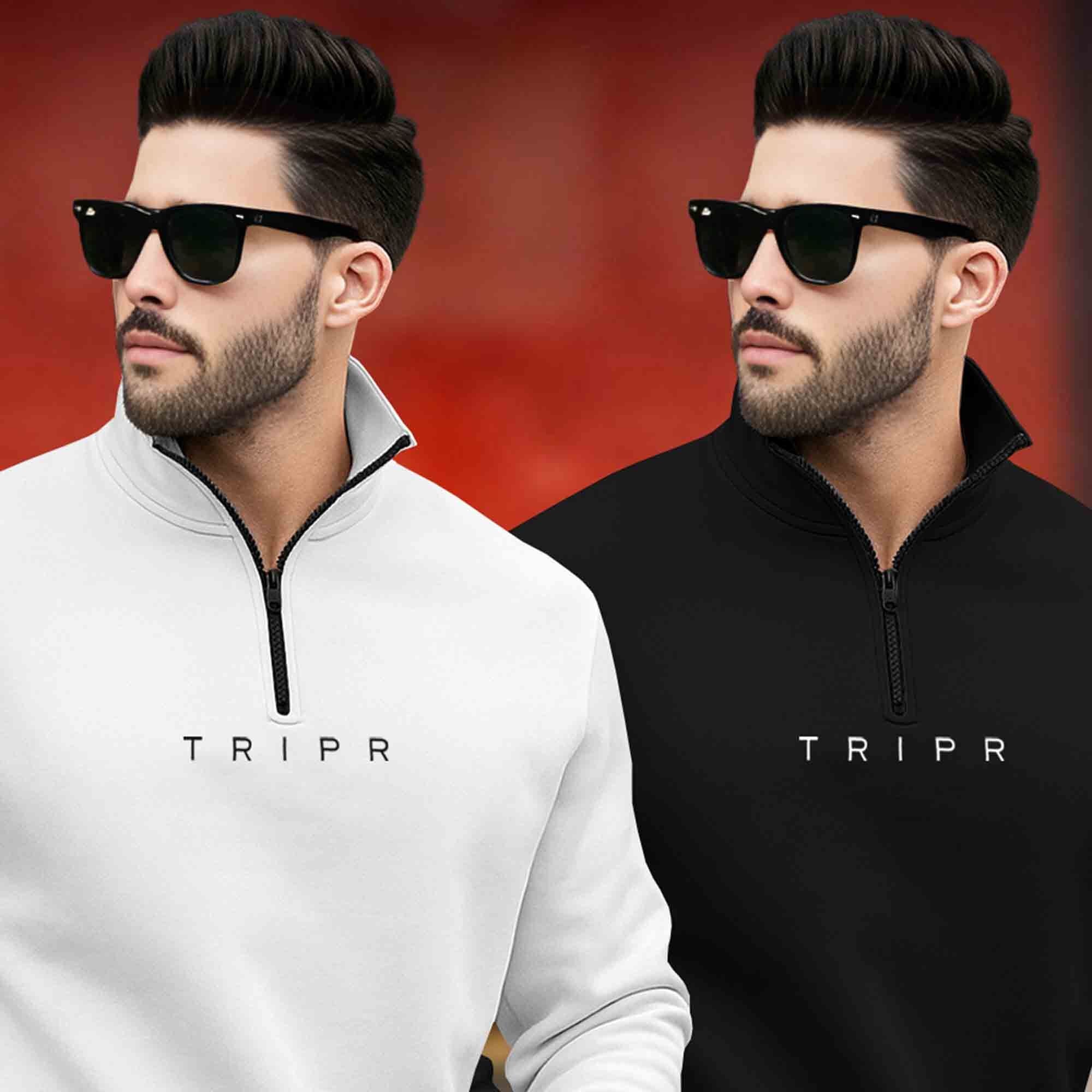 (Pack of 2) Mens Plain High Neck Sweatshirts White & Black