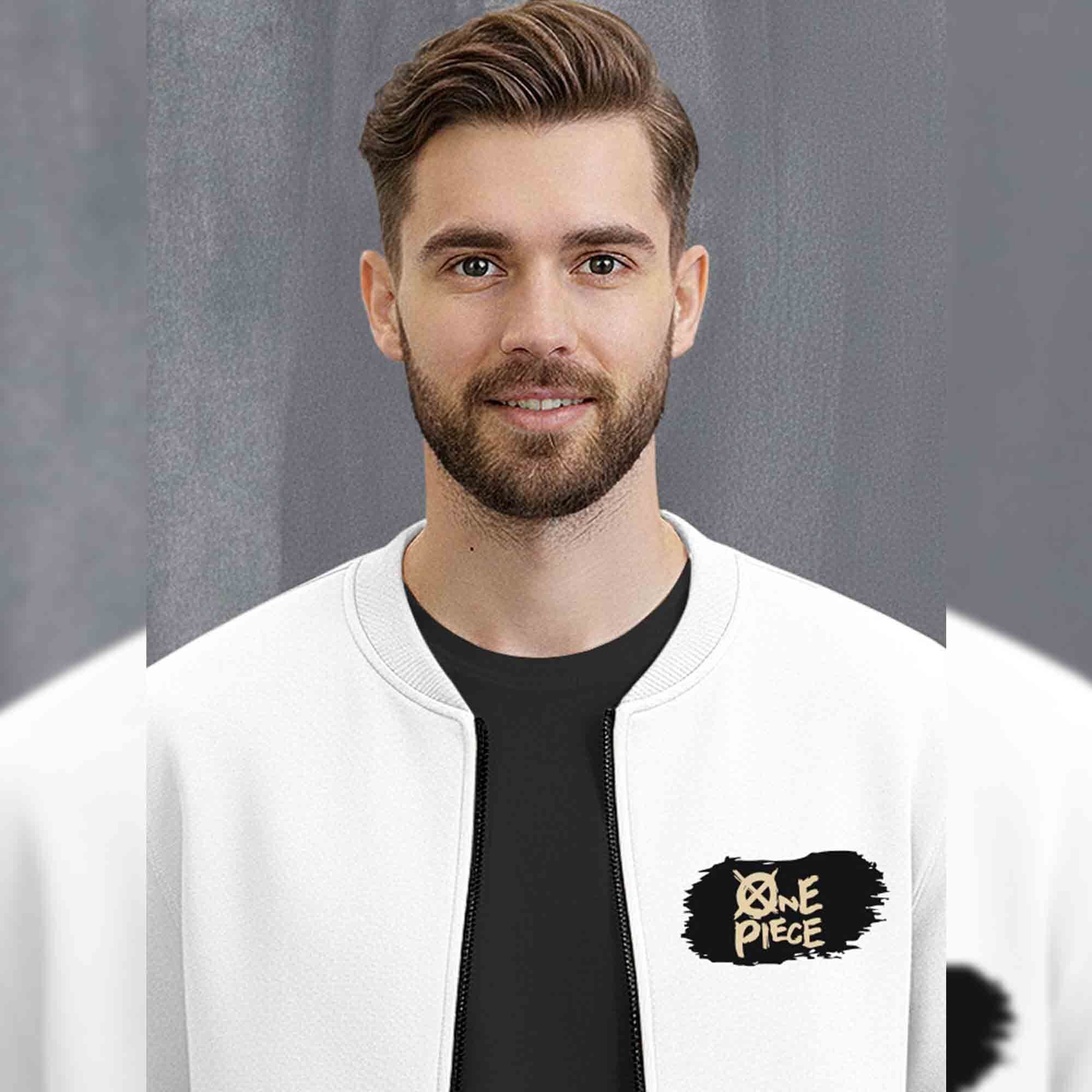 Mens Trendy Anime Design Printed Round Neck Jacket White