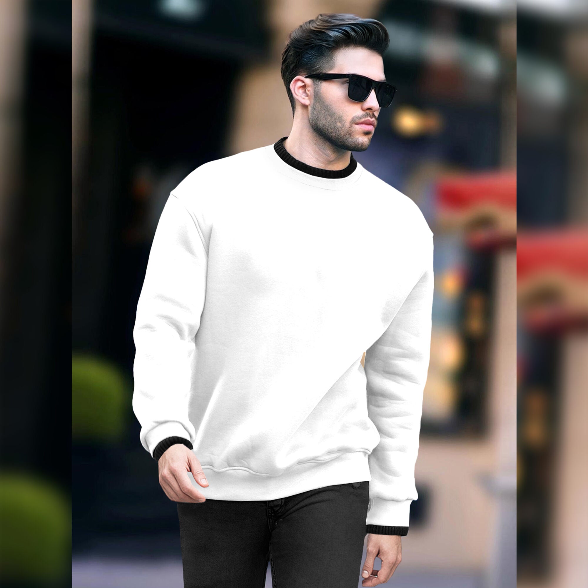 Round Neck Plain Dual Color Sweatshirt White & Black
