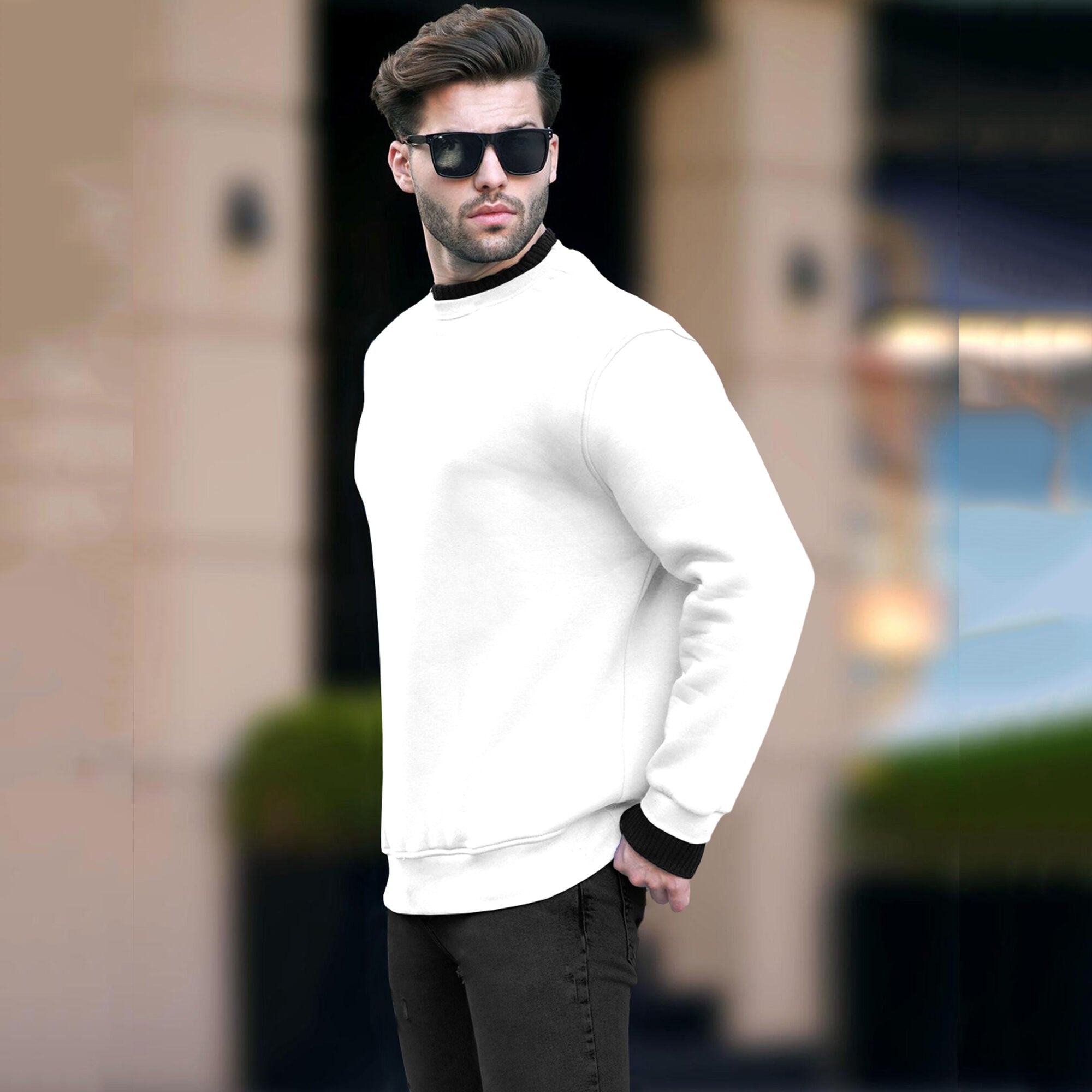 Round Neck Plain Dual Color Sweatshirt White & Black