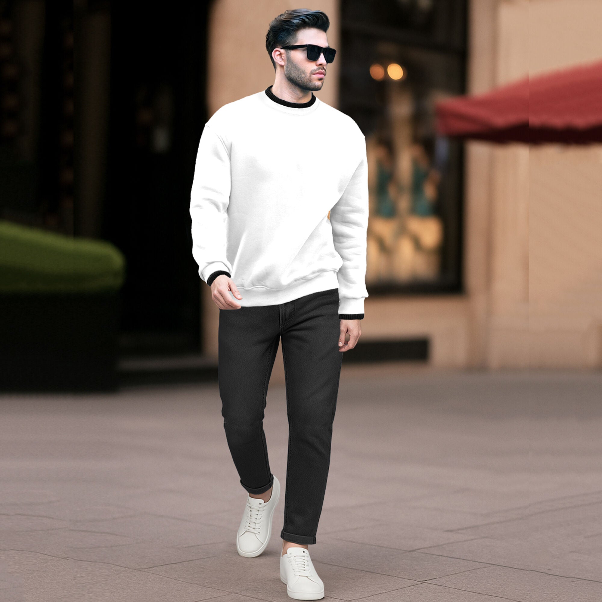 Round Neck Plain Dual Color Sweatshirt White & Black
