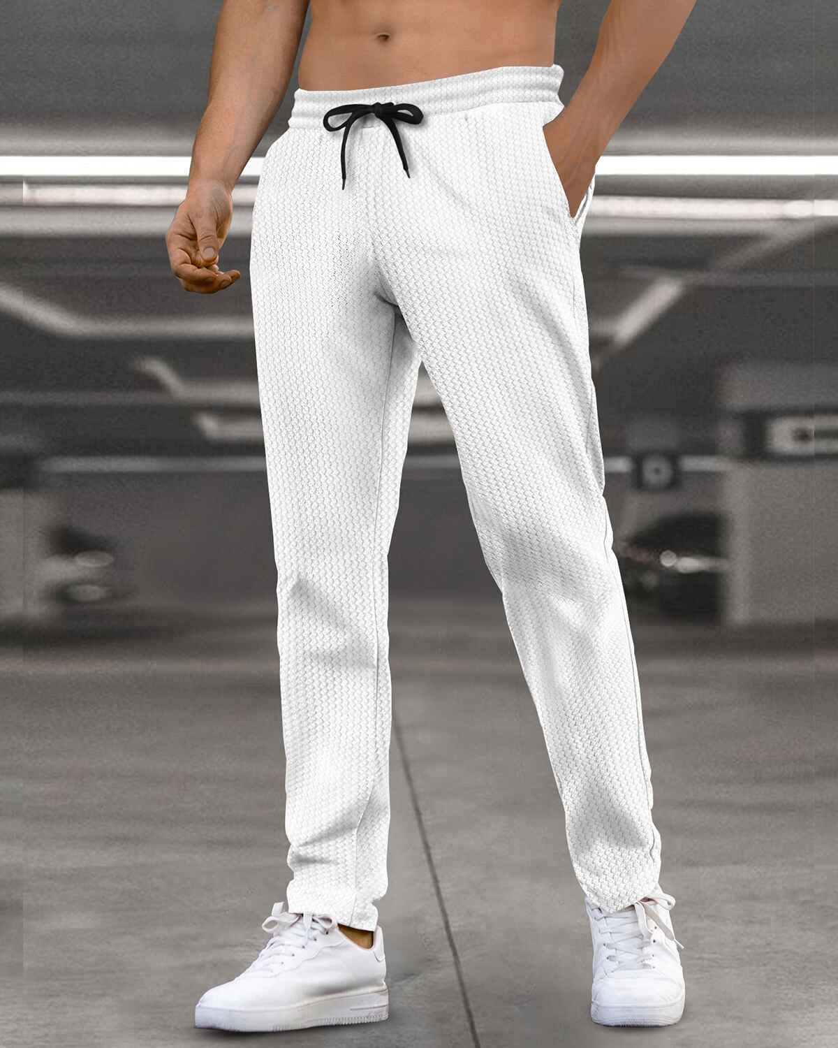 Men Plain Waffle Trackpant White
