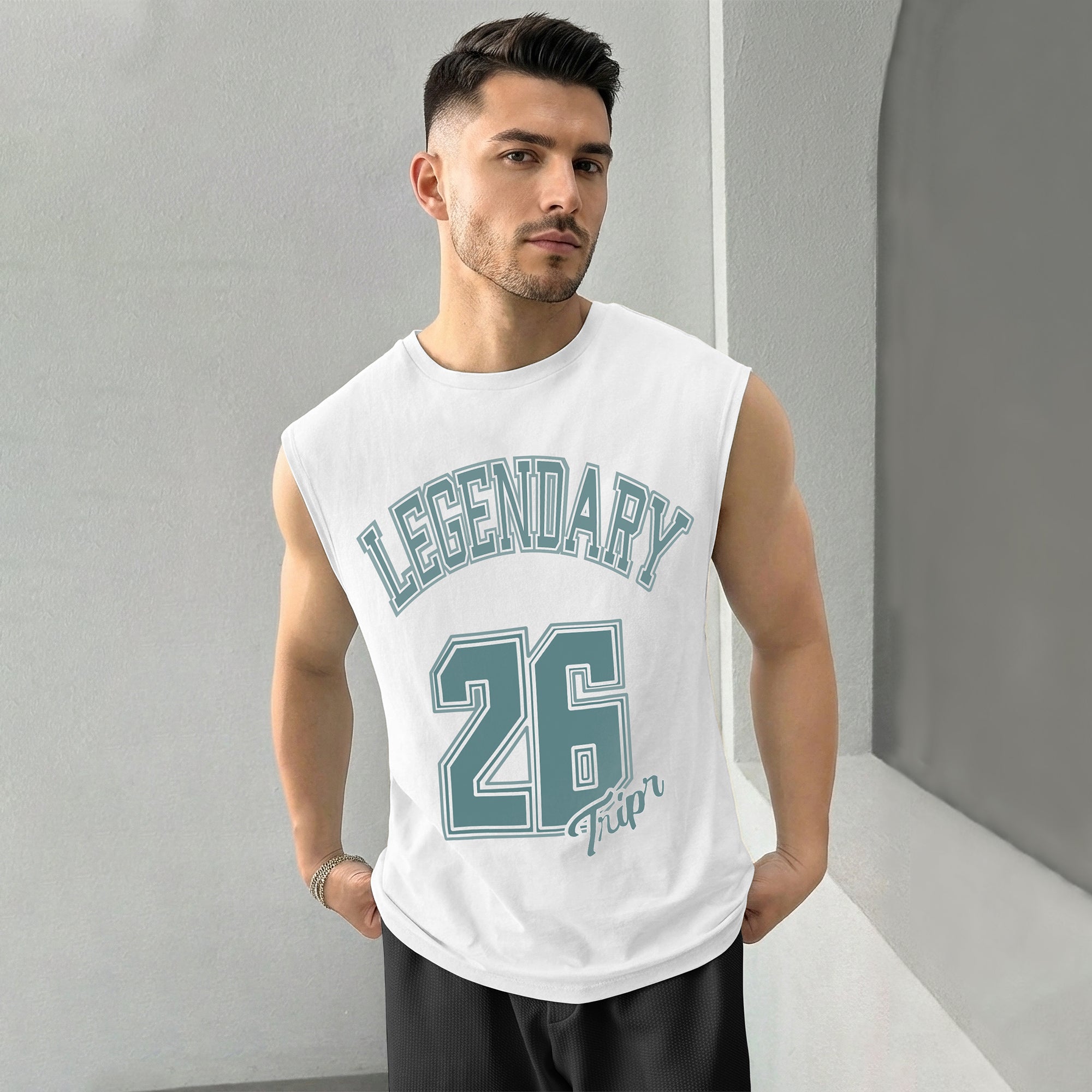 Men Printed Round Neck Vest White