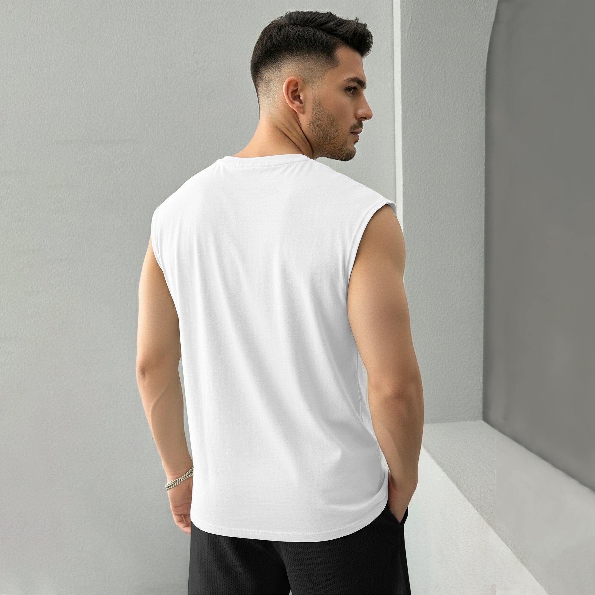 Men Printed Round Neck Vest White