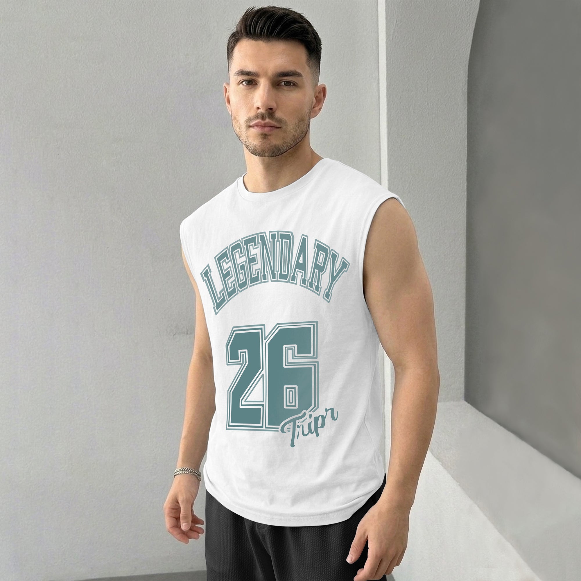 Men Printed Round Neck Vest White