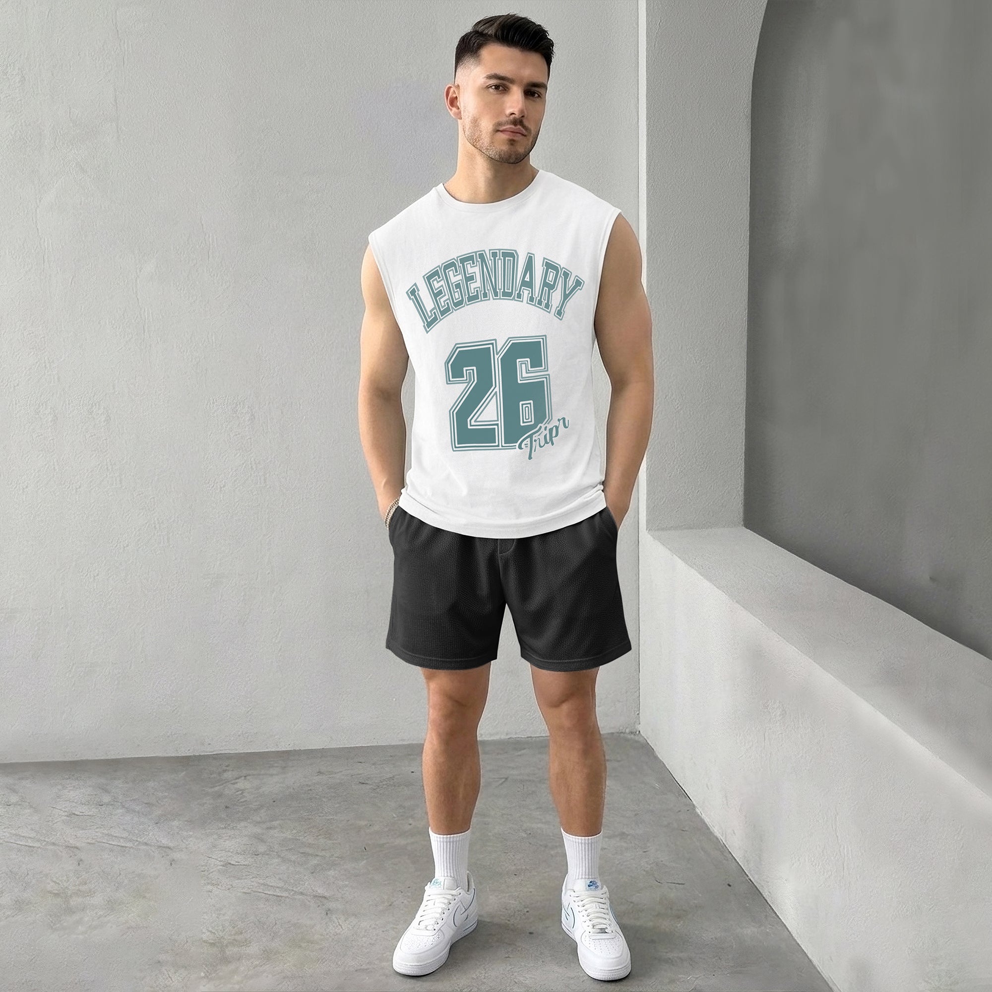 Men Printed Round Neck Vest White