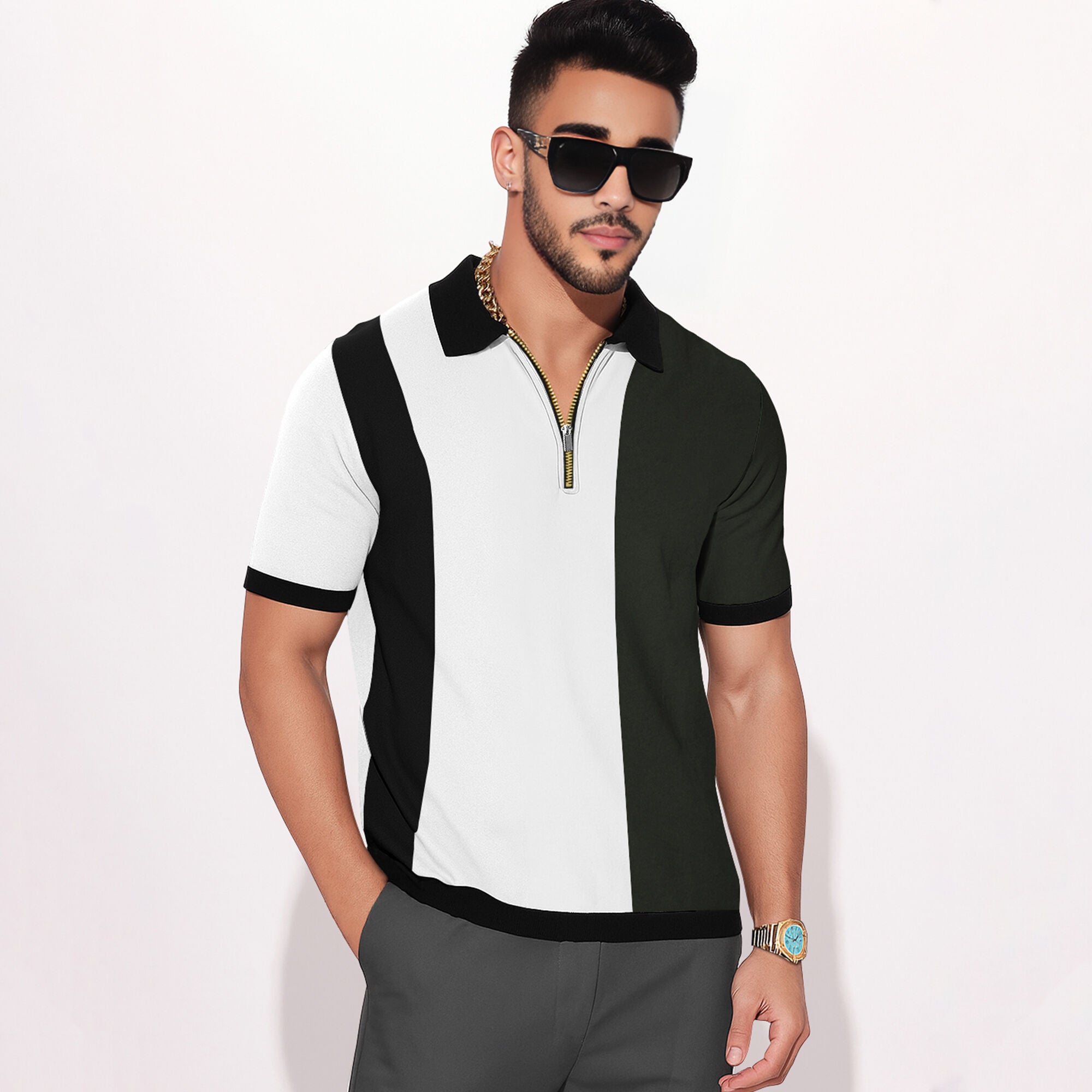 Half Sleeve Contrast Coller Quarter Zip Polo T-shirt Multicolor