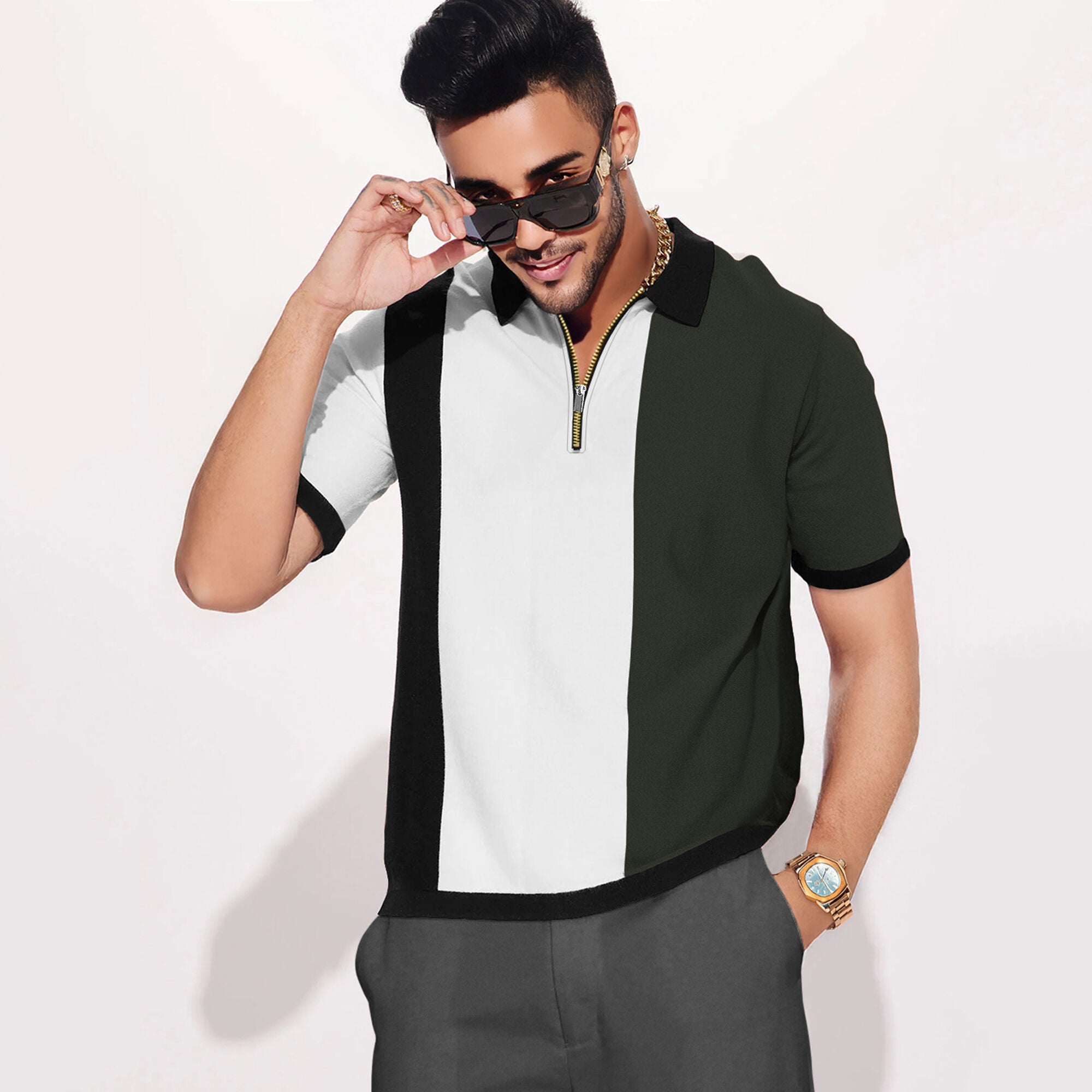 Half Sleeve Contrast Coller Quarter Zip Polo T-shirt Multicolor