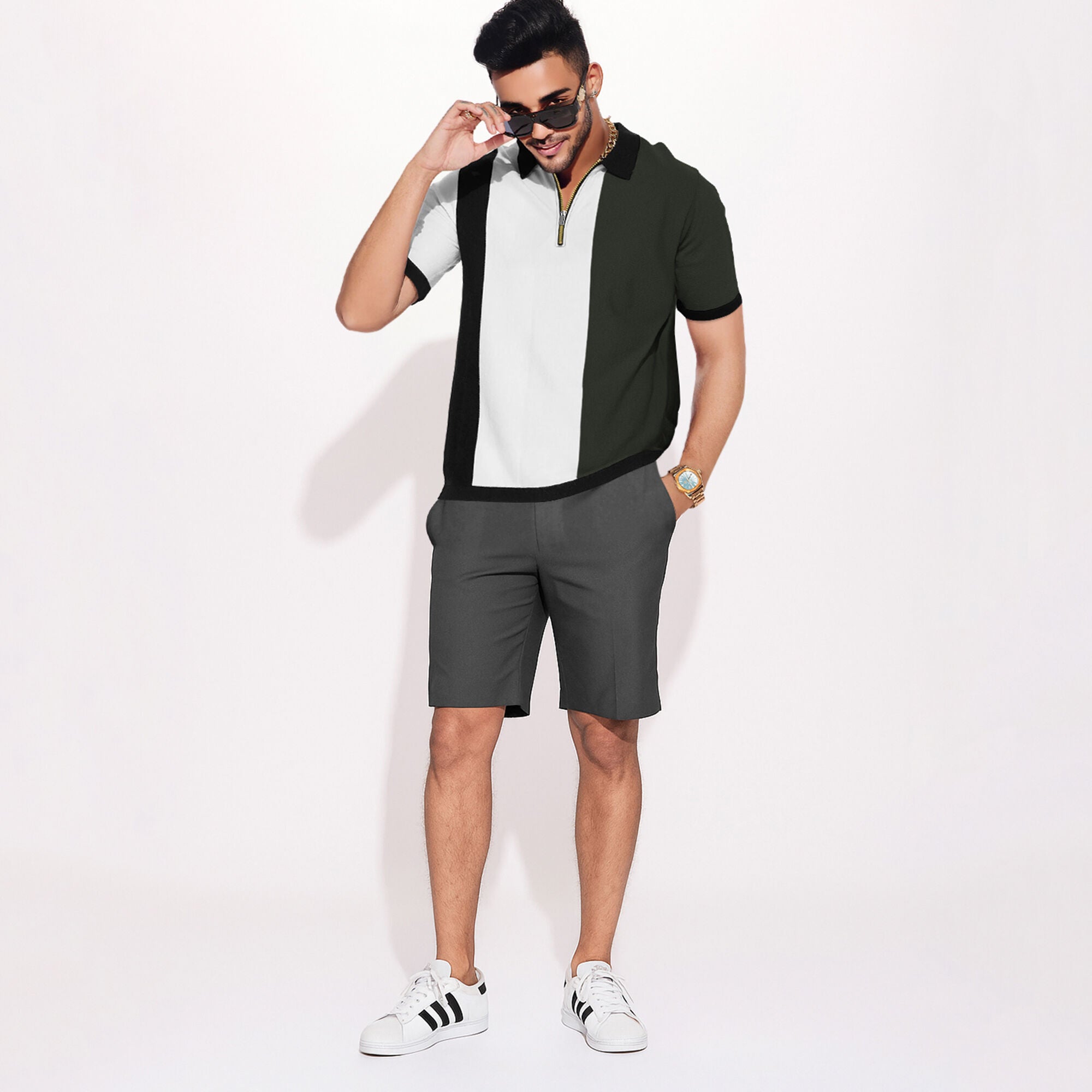 Half Sleeve Contrast Coller Quarter Zip Polo T-shirt Multicolor