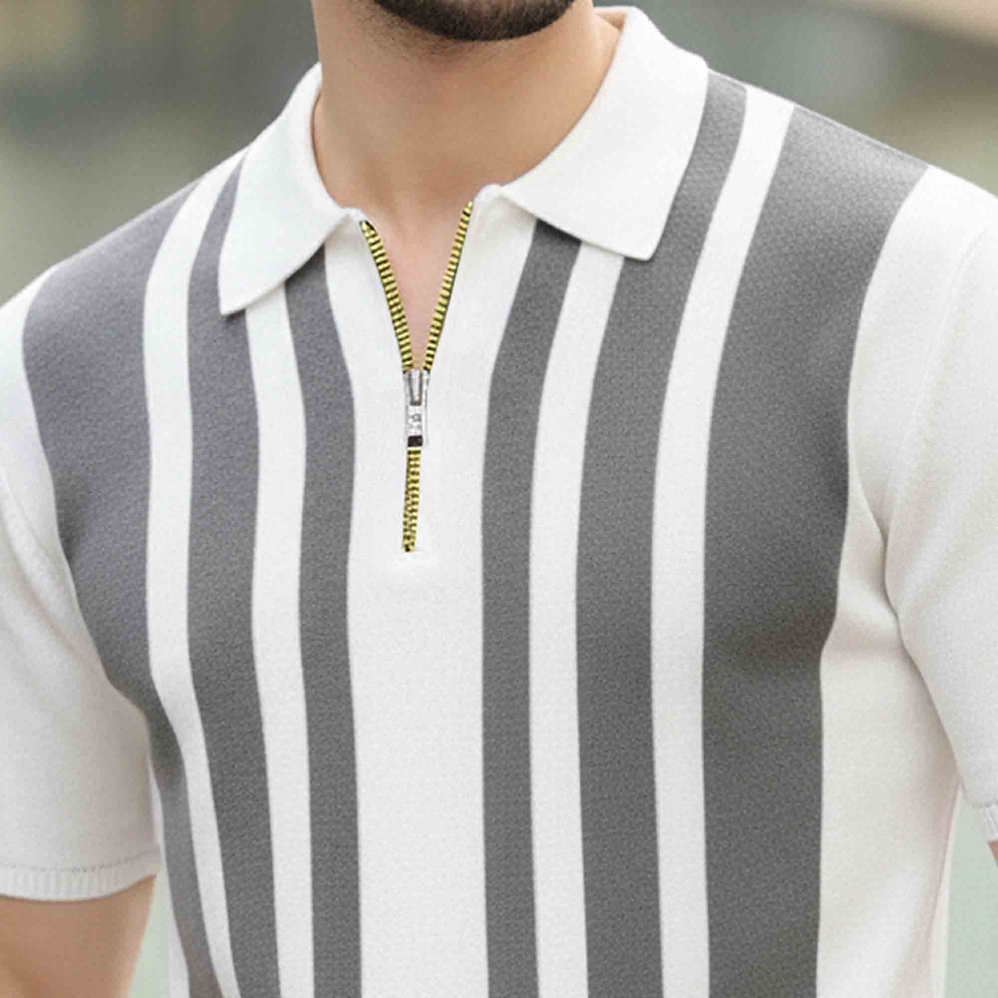 Men Quarter Zip Polo Neck Vertical Striped Half Sleeve T-shirt White