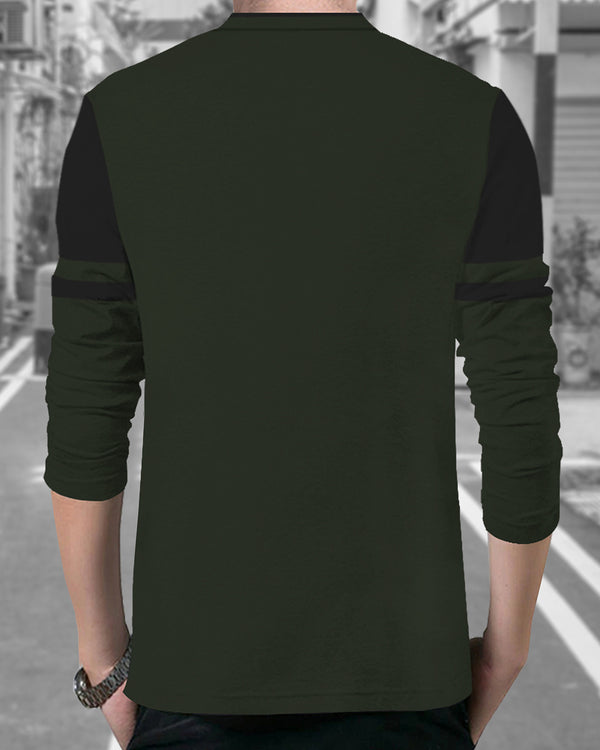 army green full sleeve henley tshirt for men back view