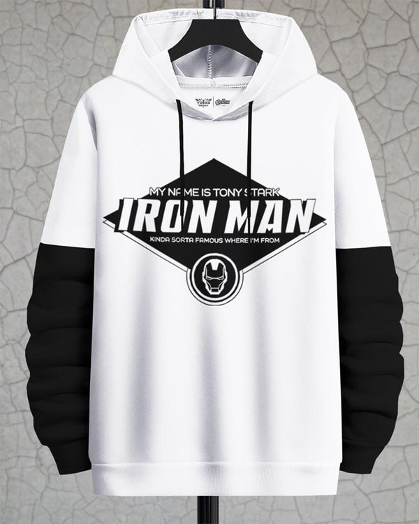 iron man printed white hoodie sweatshirt for men front view