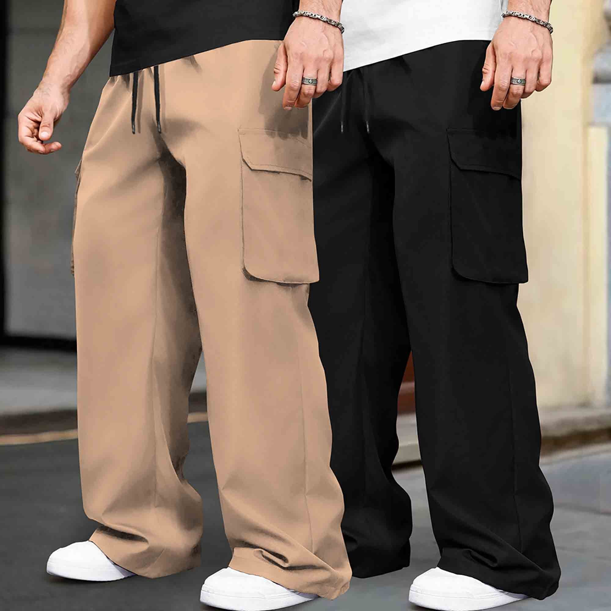 (Pack Of 2) Multi Pockets Plain Baggy Cargos Beige & Black