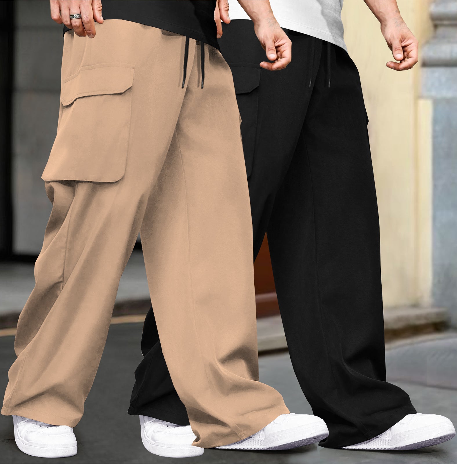 (Pack Of 2) Multi Pockets Plain Baggy Cargos Beige & Black