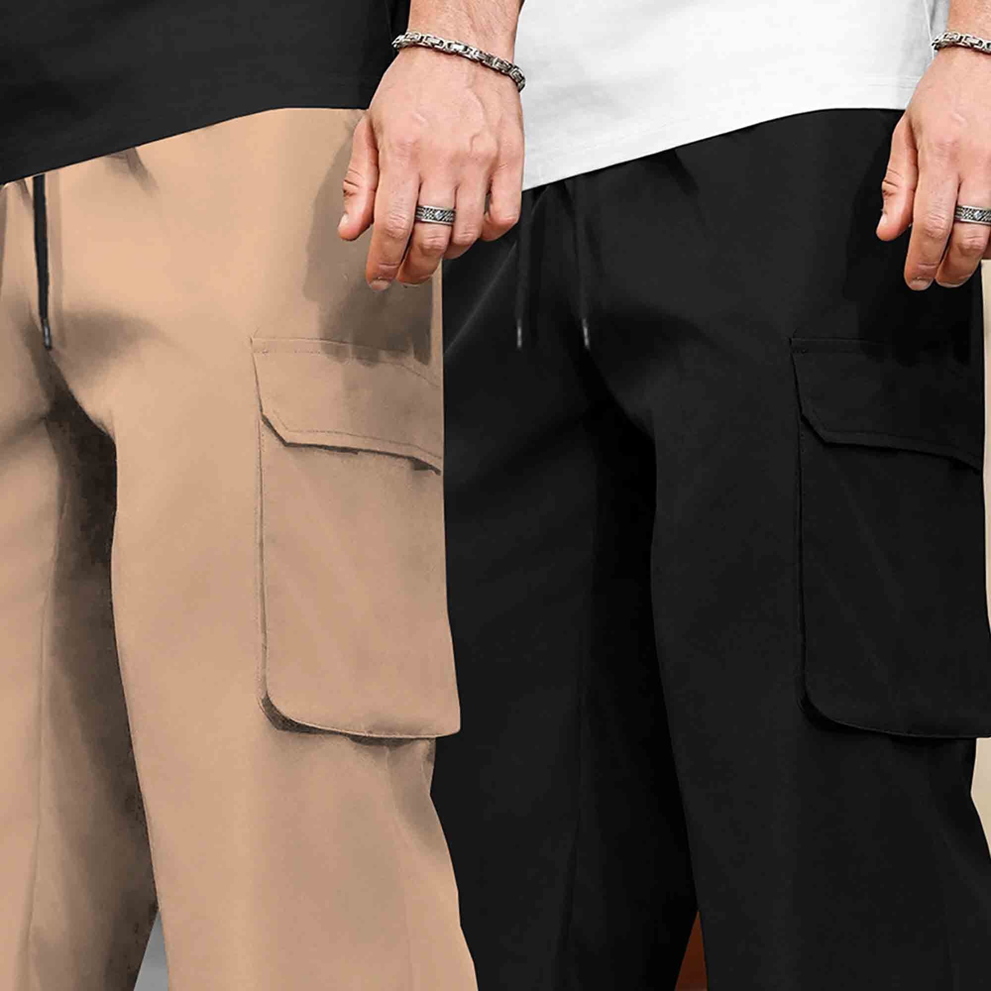 (Pack Of 2) Multi Pockets Plain Baggy Cargos Beige & Black