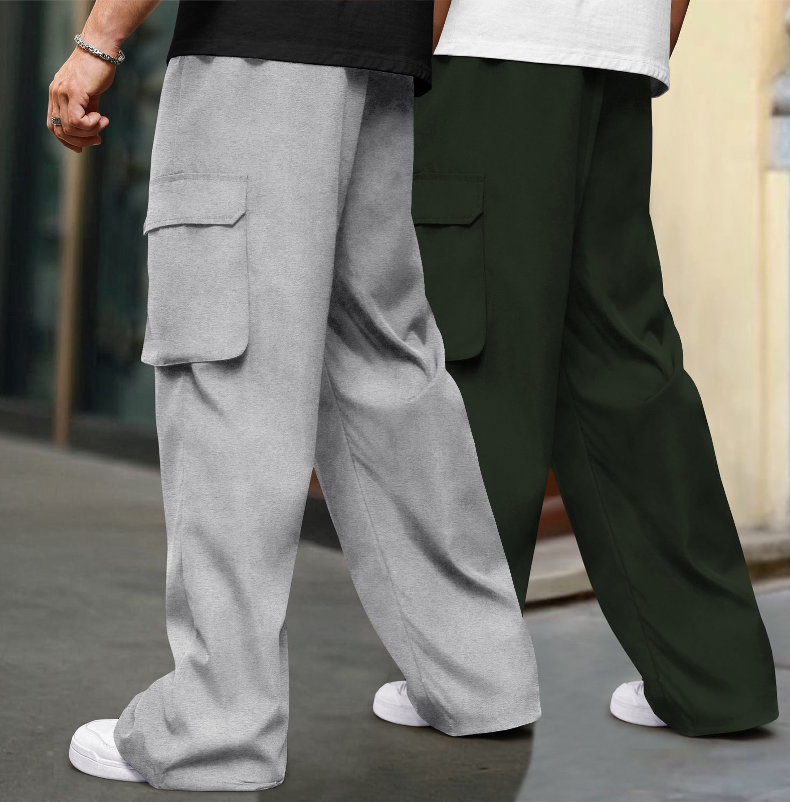 (Pack Of 2) Multi Pockets Plain Baggy Cargos Grey & Olivegreen